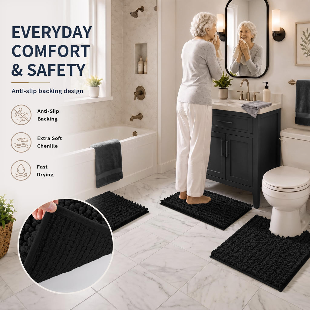 Yimobra Black Bathroom Rug Set 3 Piece - Super Absorbent Quick Dry Chenille Bath Mats & Toilet Rug, Non Slip Machine Washable, Extra Thick Shaggy Floor Mat for Shower Tub Sink
