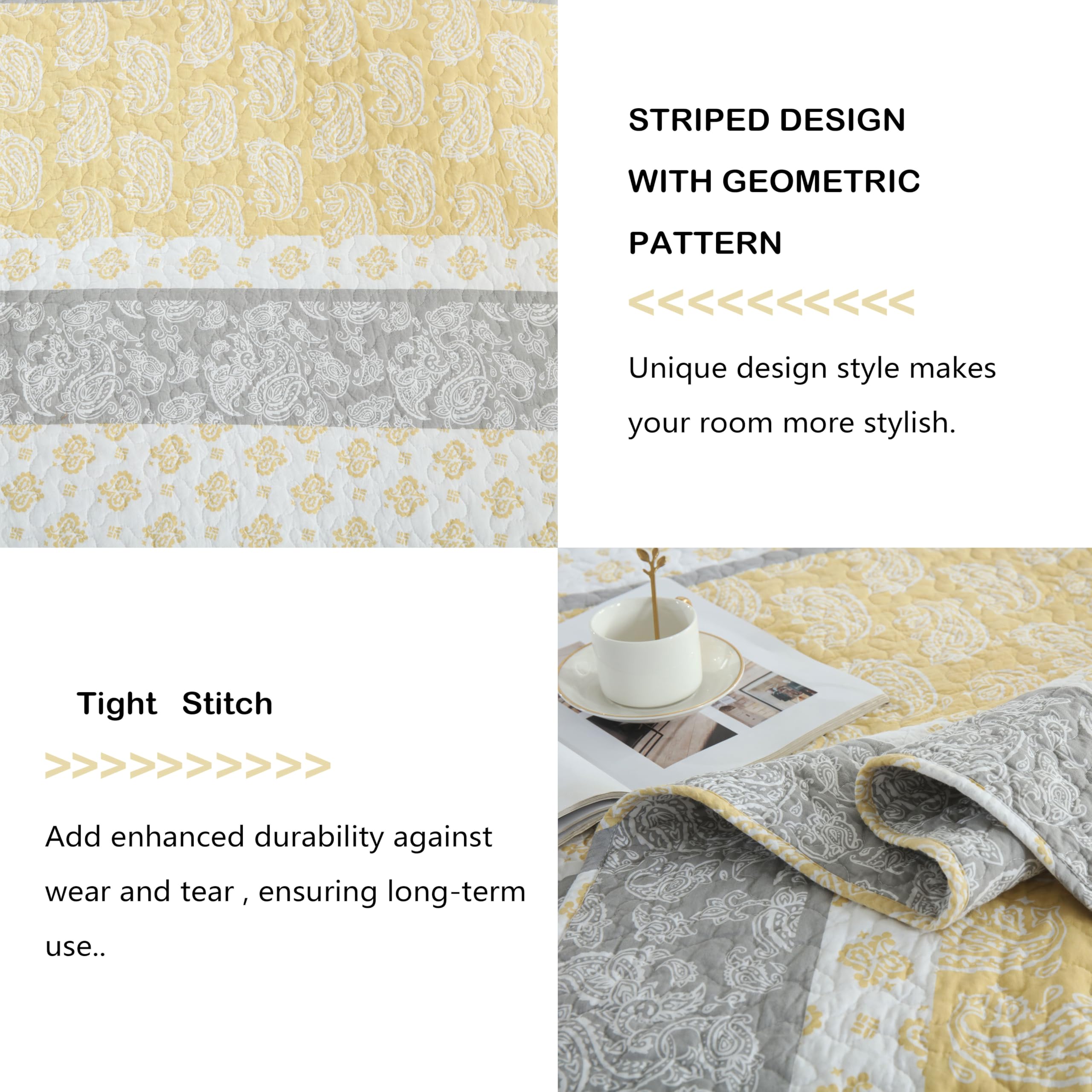 Yellow Quilts Queen Size, Paisley Comforter Set Queen Cotton Bed, Yellow Grey White Comforter, Striped Bedding Queen Size, Lightweight Luxury Bedspread,3 Piece
