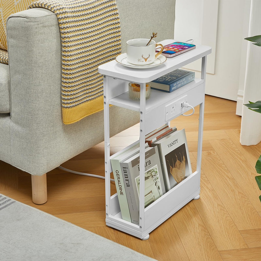 YEAKOO Narrow Side Table with Charging Station, 3-Tier End Table with 2 USB Ports & Power Outlets,Thin Sofa Side Table for Narrow and Small Spaces, Bedside Table Nightstand for Living Room,Black