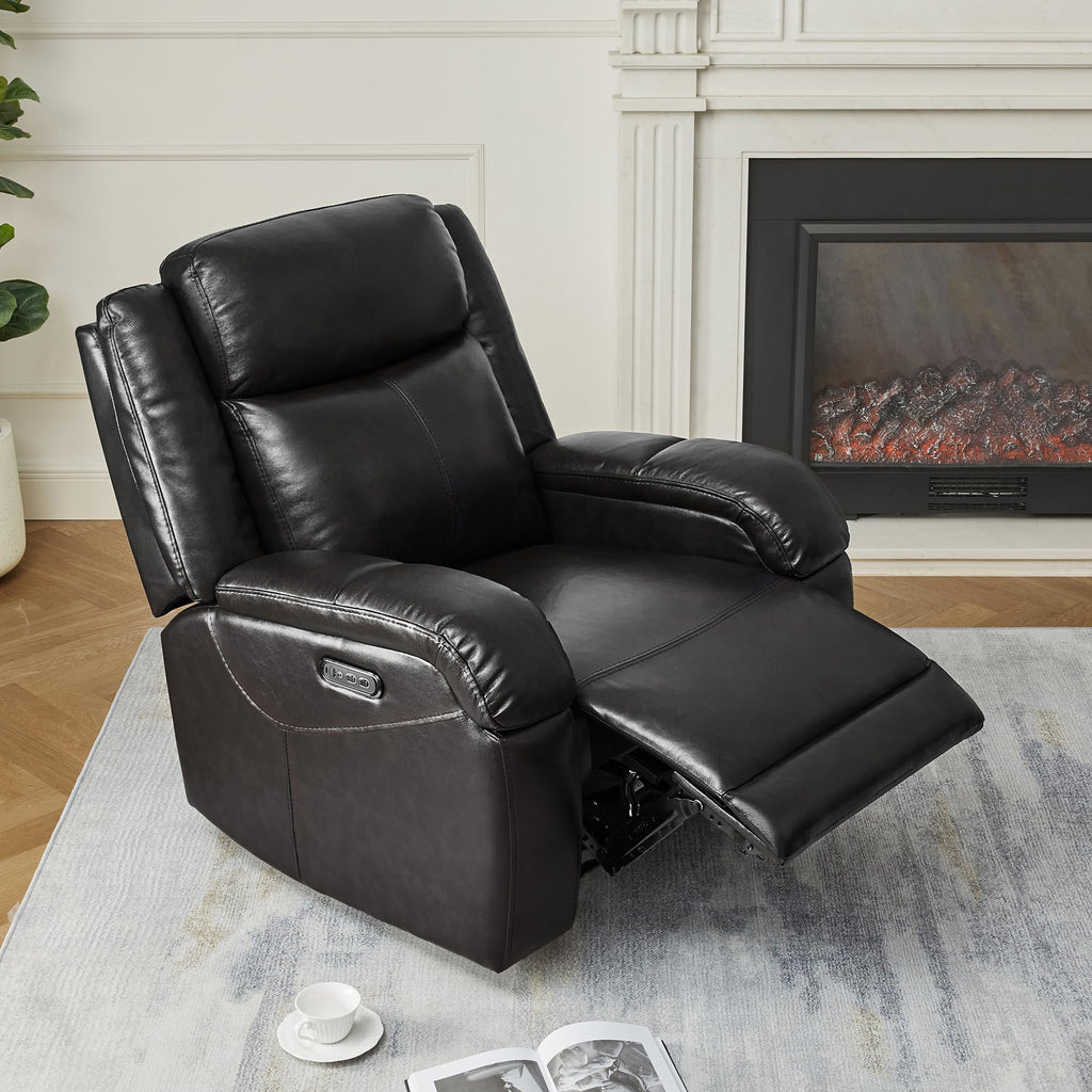 Watson & Whitely Genuine Leather Power Recliner Chairs for Adults, Wall Hugger RV Recliner with Power Headrest & Charging Ports, Electric Recliner Sofa Chair for Living Room, Black
