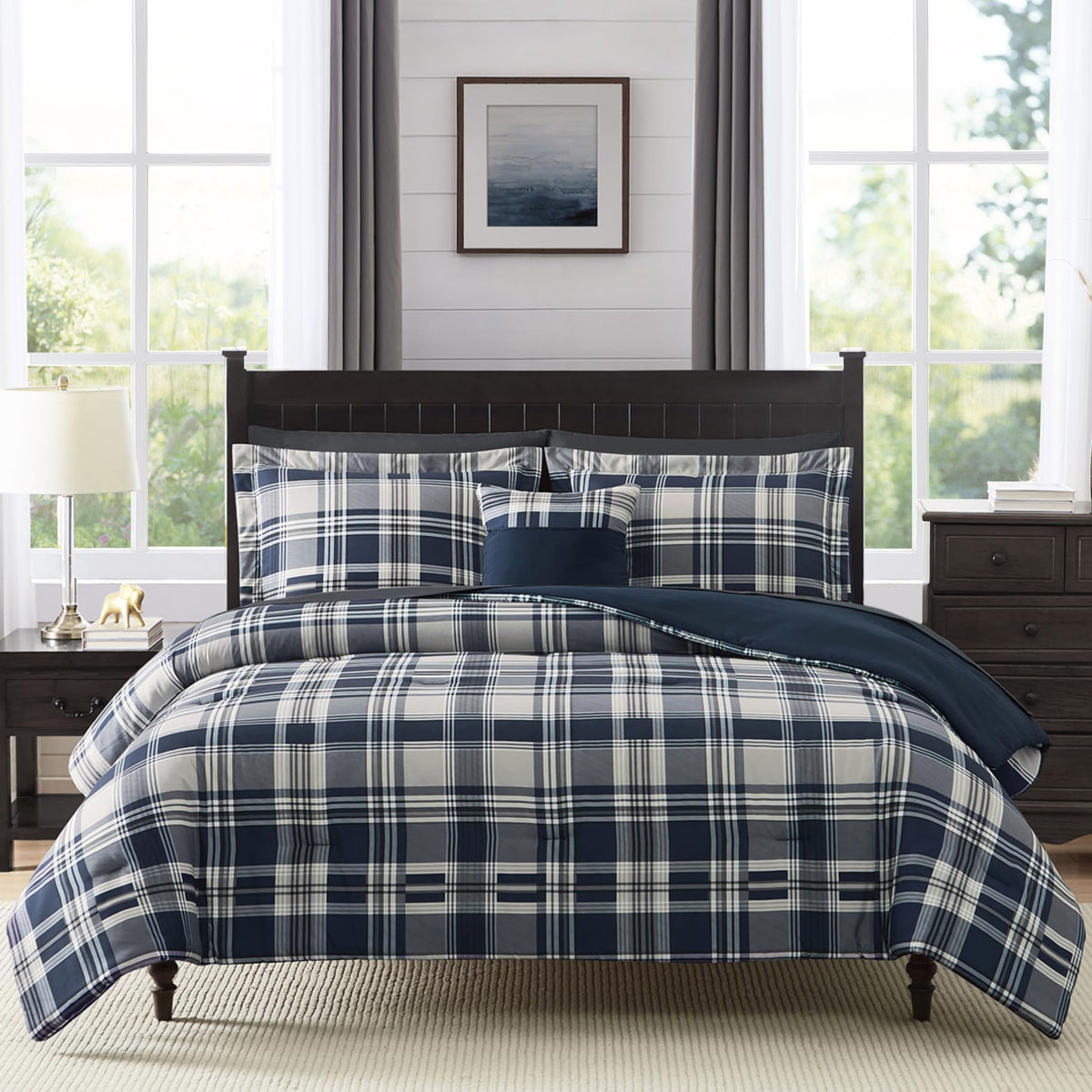MaiRêve Queen Comforter Set, Classic Plaid Farmhouse Bedding Sets 7 Pieces, Beige All Season Bed in A Bag with Sheets, Pillowcases & Shams