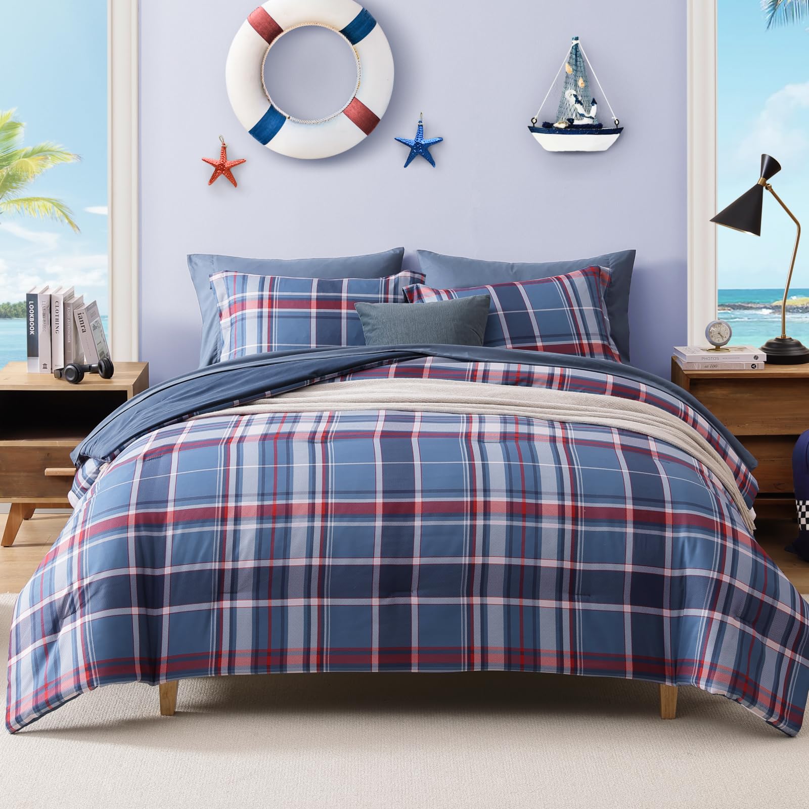 AMBERSPACE Plaid Twin XL Comforter Set Black, Reversible Checkered Bedding Set 5 Pieces for Boys Girls Teen, Lightweight Bed in a Bag for Dorm with Sheets, Pillowcase & Sham