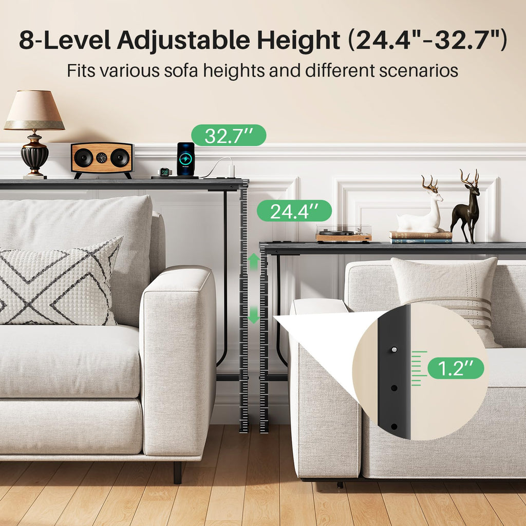Kitstorack Narrow Sofa Table with Charging Station, 78.8" Behind Couch Table, Adjustable 24.4"-32.7" Height, Modular 2-piece Design for sectionals, entryways, Apartments, and Narrow Living Spaces