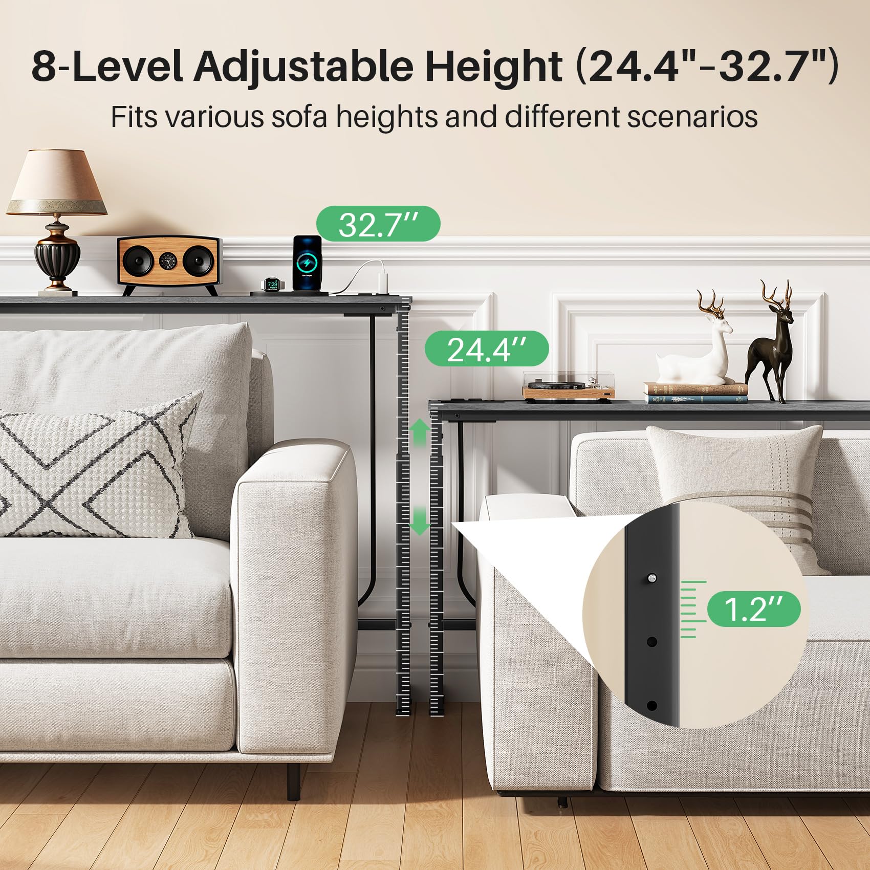 Kitstorack Narrow Sofa Table with Charging Station, 78.8" Behind Couch Table, Adjustable 24.4"-32.7" Height, Modular 2-piece Design for sectionals, entryways, Apartments, and Narrow Living Spaces