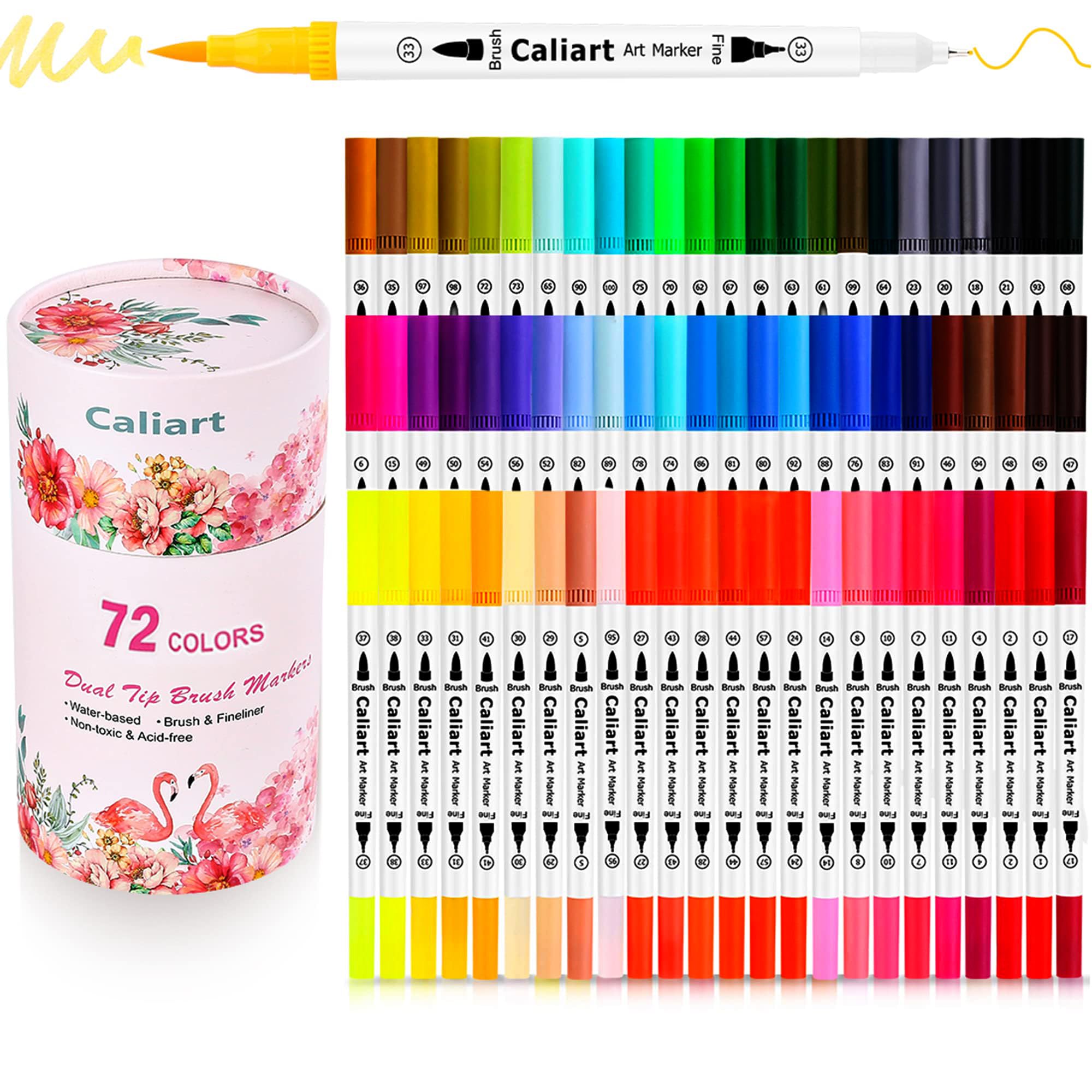 Caliart 34 Double Tip Brush Pens Art Markers, Artist Fine & Brush Markers for Adult Coloring Books Journaling Calligraphy Lettering Planners Cards Drawing Craft Kit Teacher Office Supplies