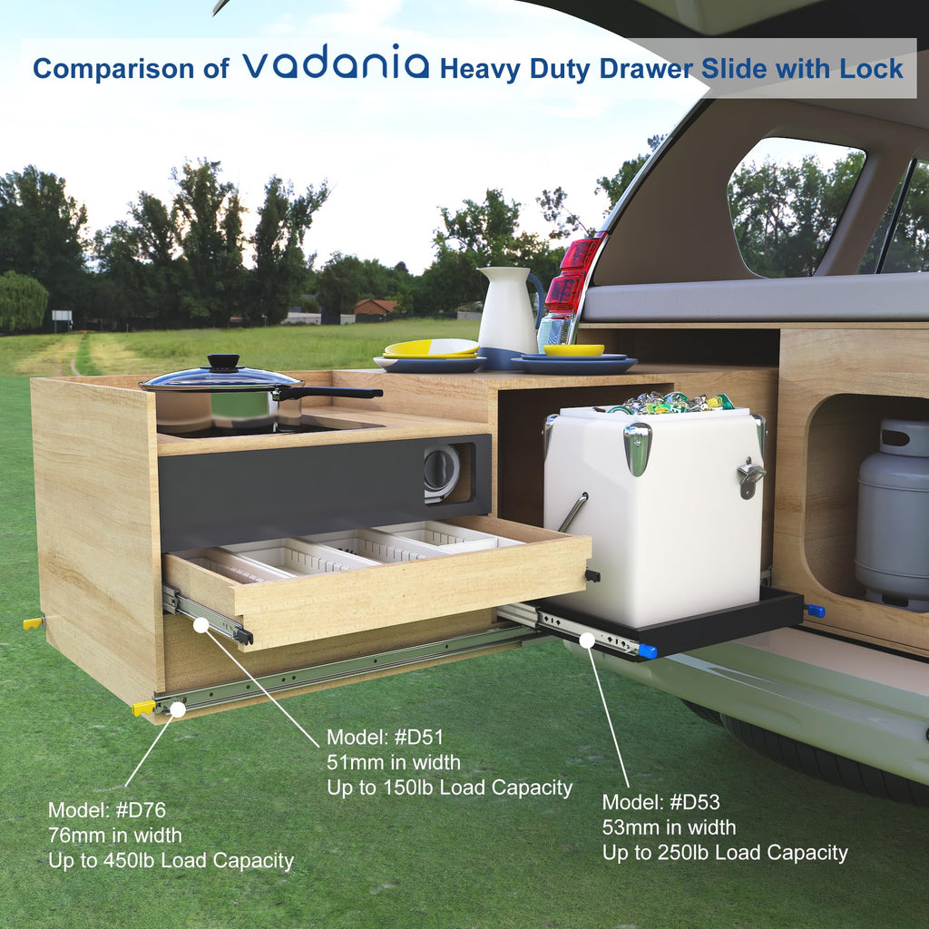 VADANIA 12" Heavy Duty Drawer Slide with Lock #D51, 150lb Load Capacity, 3-Fold Full Extension, Ball Bearing Lock-in & Lock-Out, Side Mount, 1-Pair