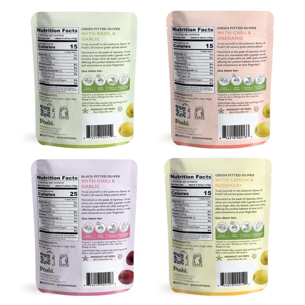 POSHI Green Pitted Olives - Basil & Garlic | Vegan, Kosher, Gluten Free + Keto Friendly, Fresh, Low Calorie Healthy Snacks | (30 Pack, 1.1oz Bags)