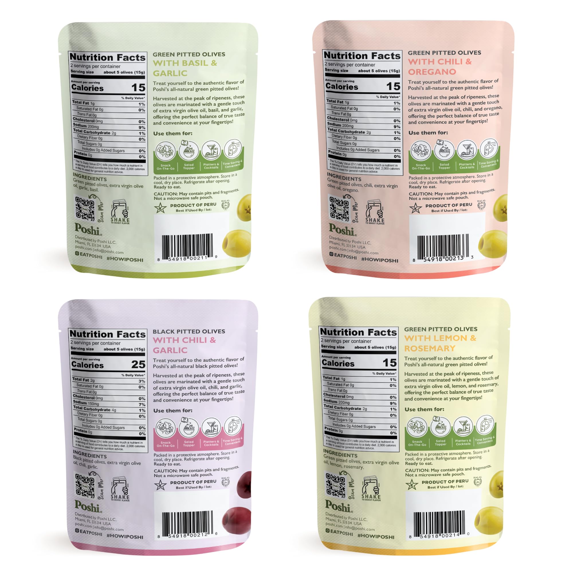 POSHI Green Pitted Olives - Basil & Garlic | Vegan, Kosher, Gluten Free + Keto Friendly, Fresh, Low Calorie Healthy Snacks | (30 Pack, 1.1oz Bags)