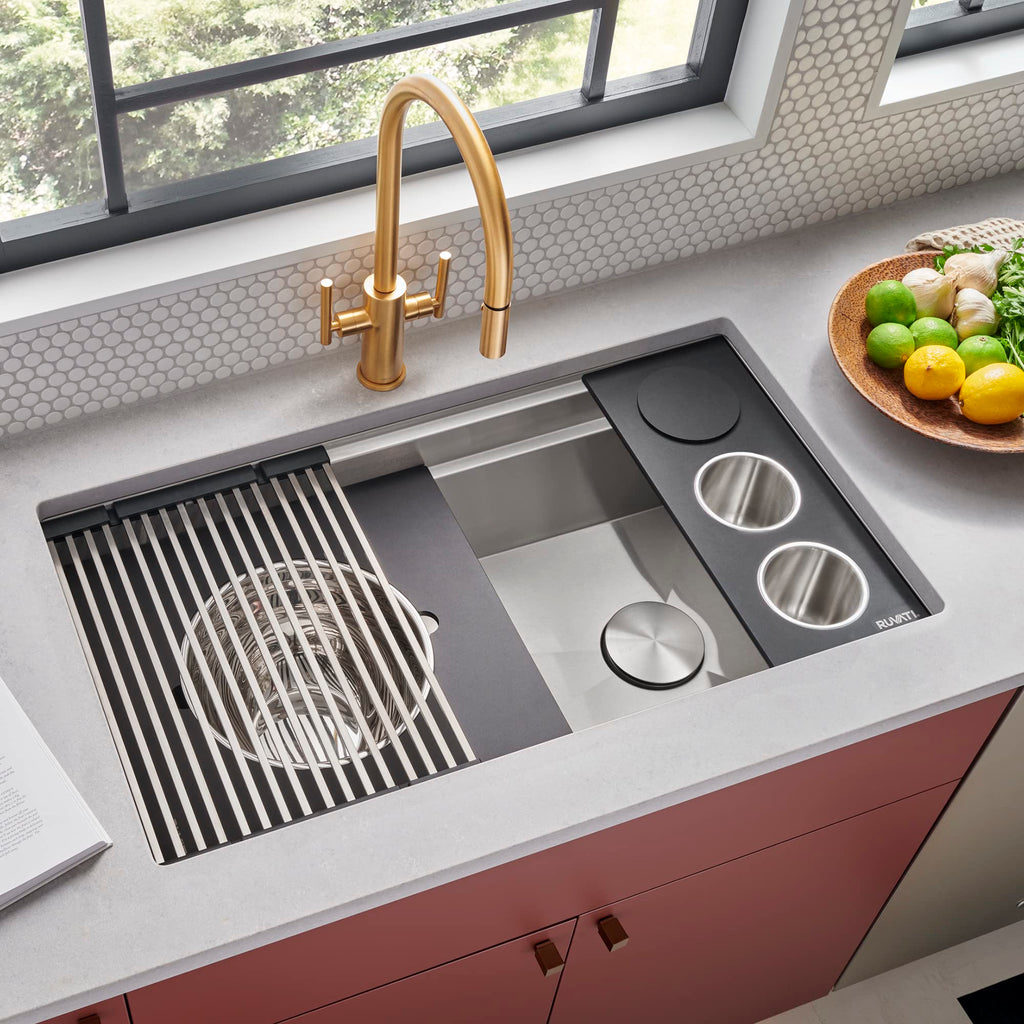 Ruvati 33-inch Workstation Kitchen Sink - Dual Tier Double Bowl Kitchen Sink - Low Divide Undermount Sinks - 16 Gauge Stainless Steel Kitchens Sinks - RVH8255