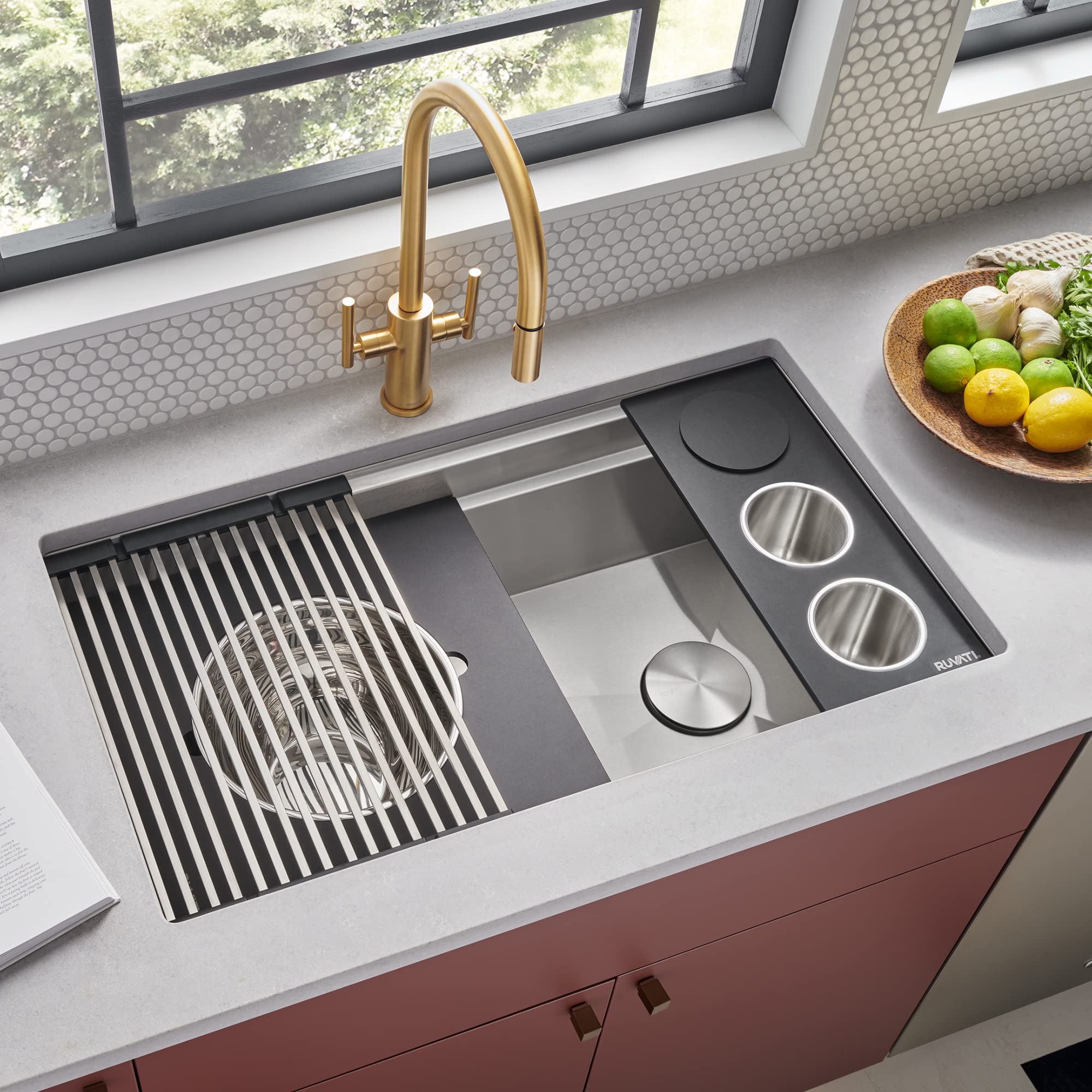 Ruvati 33-inch Workstation Kitchen Sink - Dual Tier Double Bowl Kitchen Sink - Low Divide Undermount Sinks - 16 Gauge Stainless Steel Kitchens Sinks - RVH8255