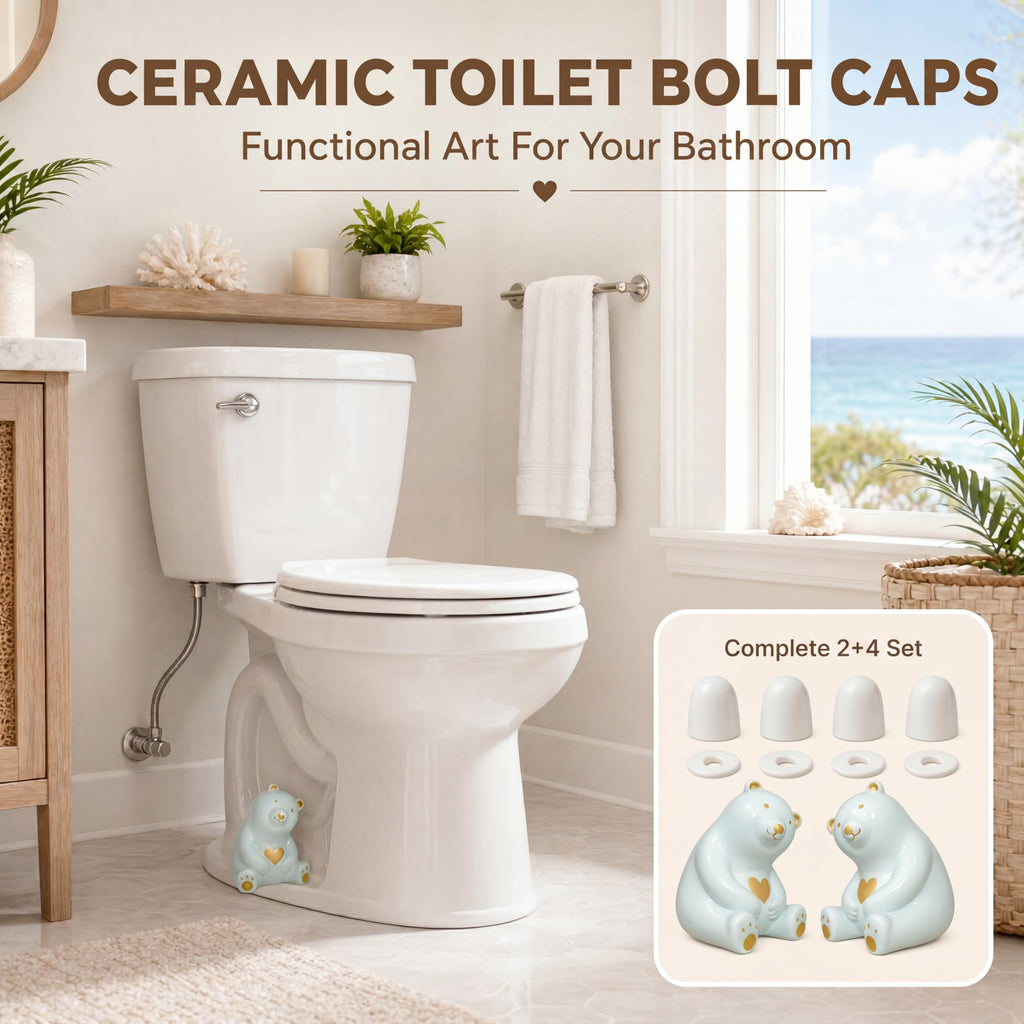 MENNTY Black Polar Bear Toilet Bolt Covers Decorative - 2 Glossy Black Ceramic Toilet Bolt Caps + 4 Universal Toilet Caps for Bottom of Toilet, Modern Monochrome Bathroom Decor
