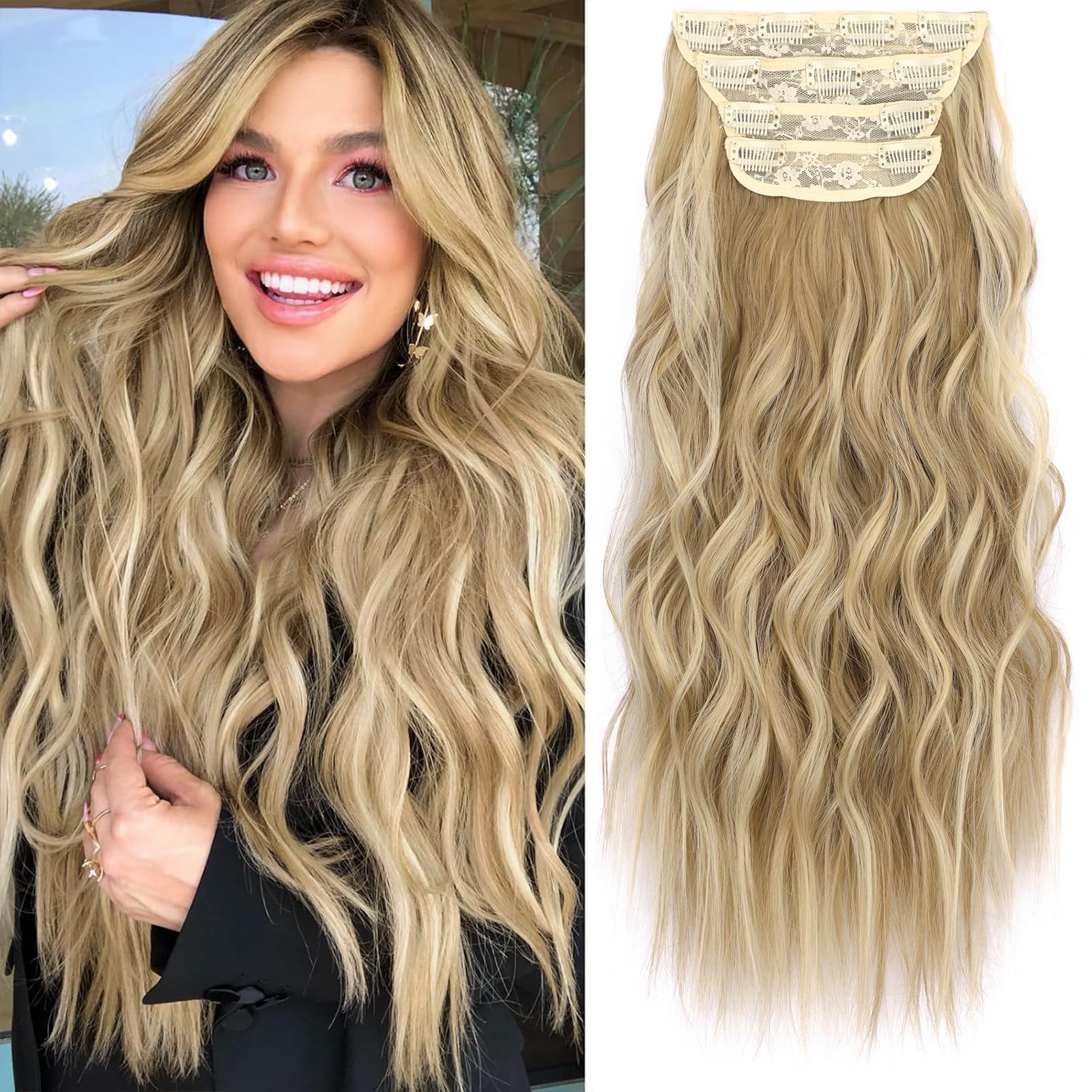 KooKaStyle Clip in Synthetic Hair Extensions Long Wavy 4PCS Thick Hairpieces Balayage Chocolate Brown to Caramel Blonde 10H26 Fiber Double Weft Natural Hair Extensions 16 Inch for Women