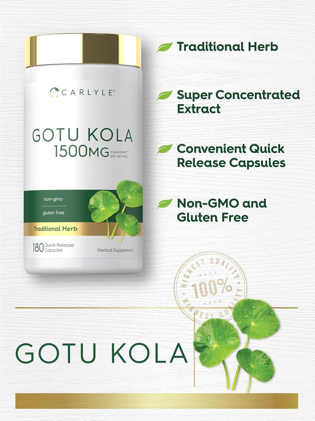 Carlyle Gotu Kola Supplement | 180 Capsules | Traditional Herbal Extract | Non-GMO & Gluten Free Formula