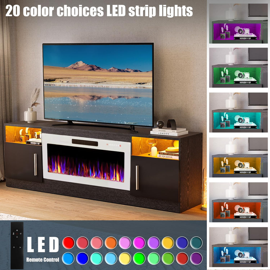 VITESSE 58 Inches Fireplace TV Stand for TVs up to 65 Inches Console with 18'' Electric Fireplace & Remote,Wooden Modern Entertainment Center for Living Room with LED Light Glass Shelves（Bei）