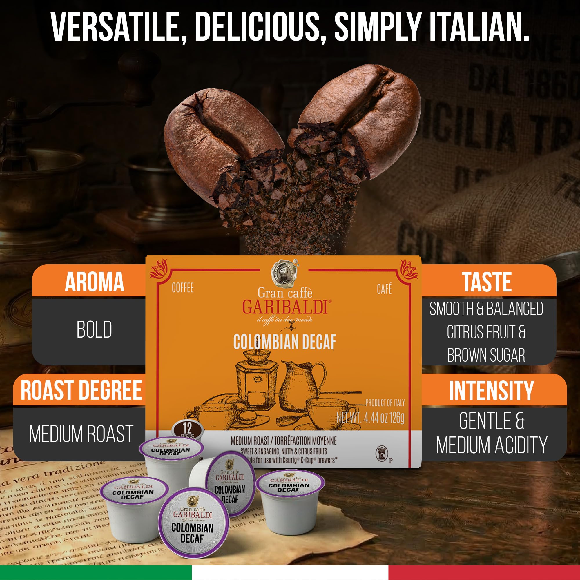 Caffè Garibaldi Colombian Coffee Pods, for Keurig K-Cup Brewers, Single Serve Cups with 100% Arabica Blend for Coffee Makers, 12 Count Recyclable Pods - Medium Roast
