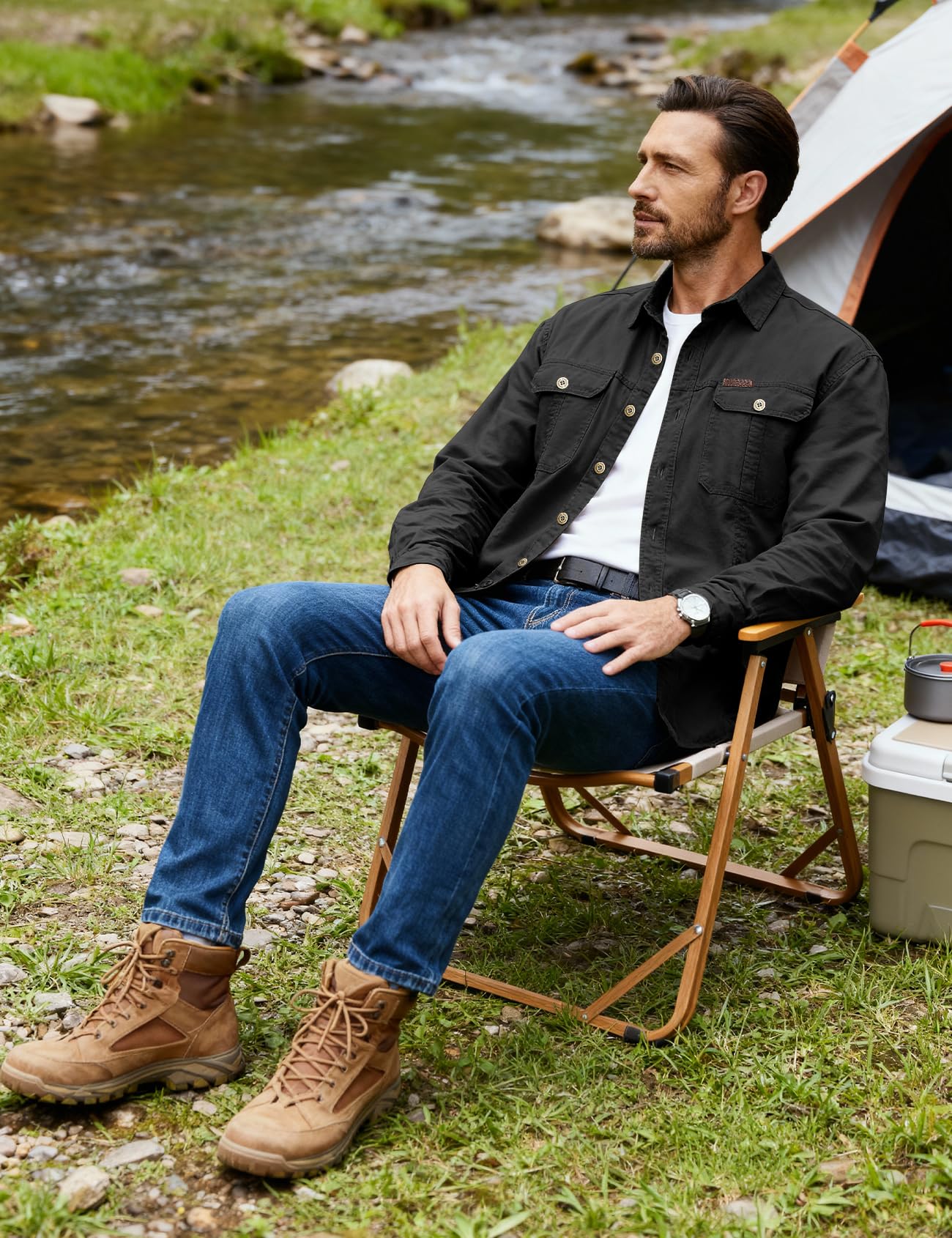 Eisctnd Men's Long Sleeve Cotton Work Shirt Casual Loose Fit Button Down Shirts with 2-Pocket for Outdoor Safari