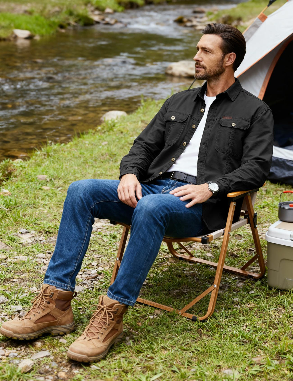 Eisctnd Men's Long Sleeve Cotton Work Shirt Casual Loose Fit Button Down Shirts with 2-Pocket for Outdoor Safari