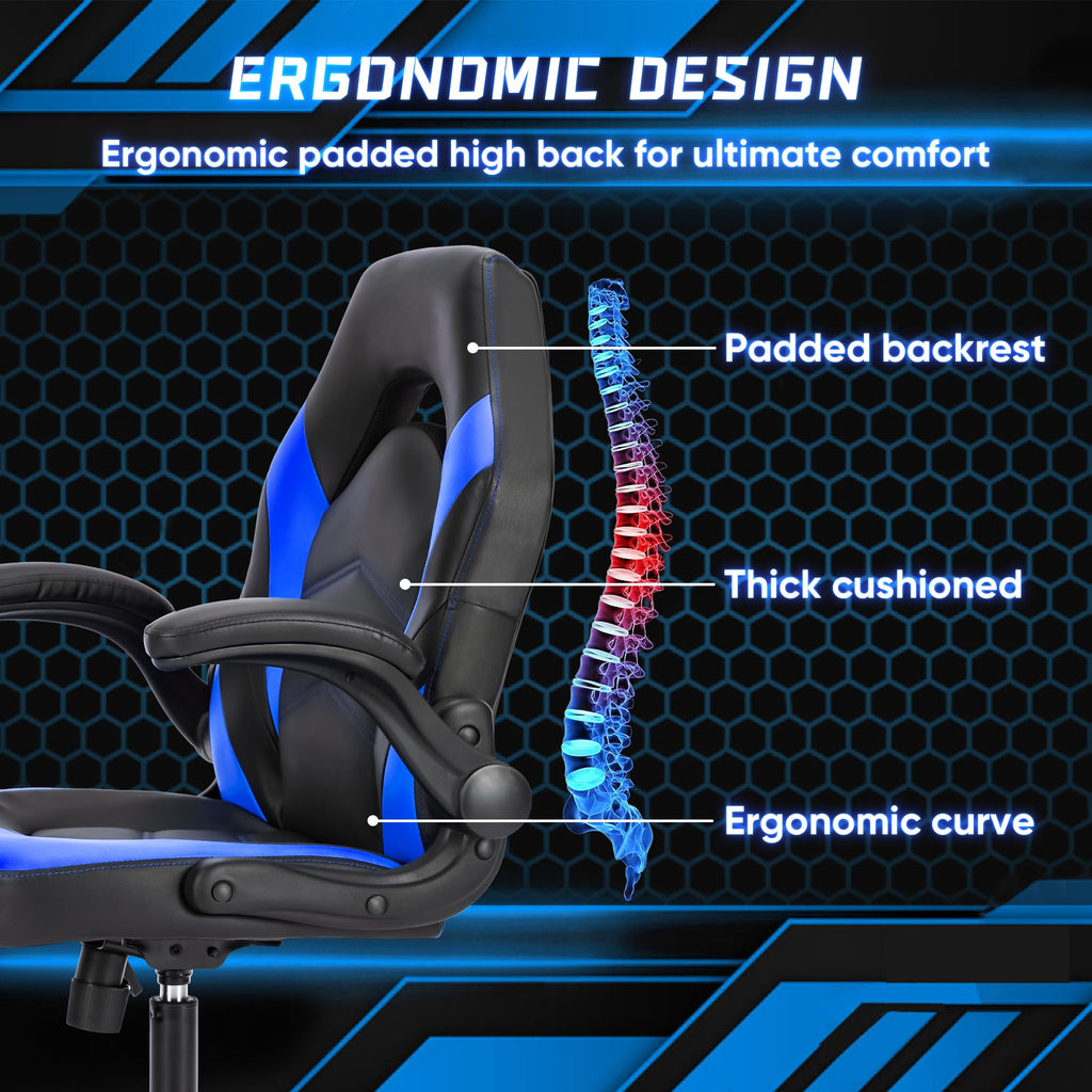 OLIXIS Computer Gaming Desk Chair - Ergonomic Video Game with Comfy Lumbar Support and headrest, PU Leather with Flip-up Arms, Adjustable Height and Swivel Wheels, for Adults, Black