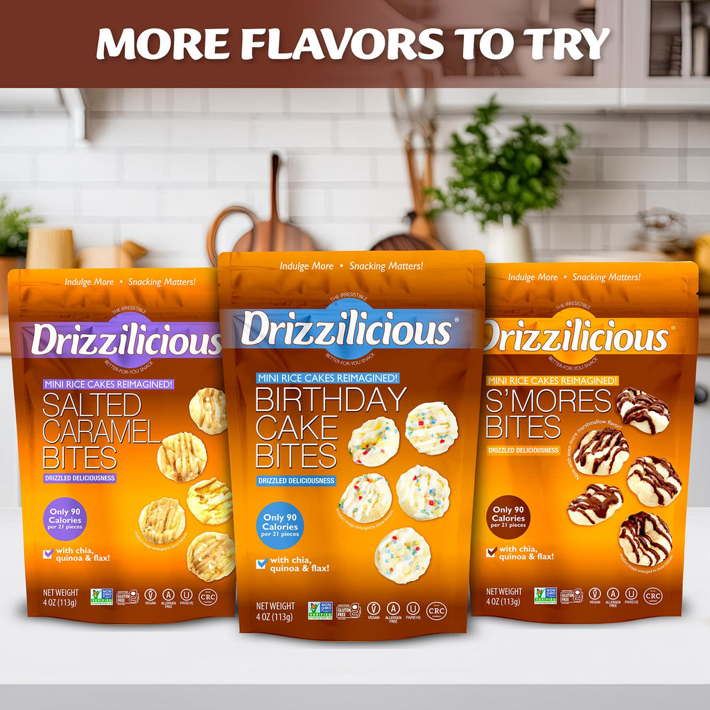 Drizzilicious Mini Flavored Rice Cakes - Rice Crisps, Healthy Snack for Adults and Kids, Vegan, Gluten Free Snack, 90 Calories Per 21 Pieces, S'mores & Cinnamon Swirl - 4 oz (Pack of 6)