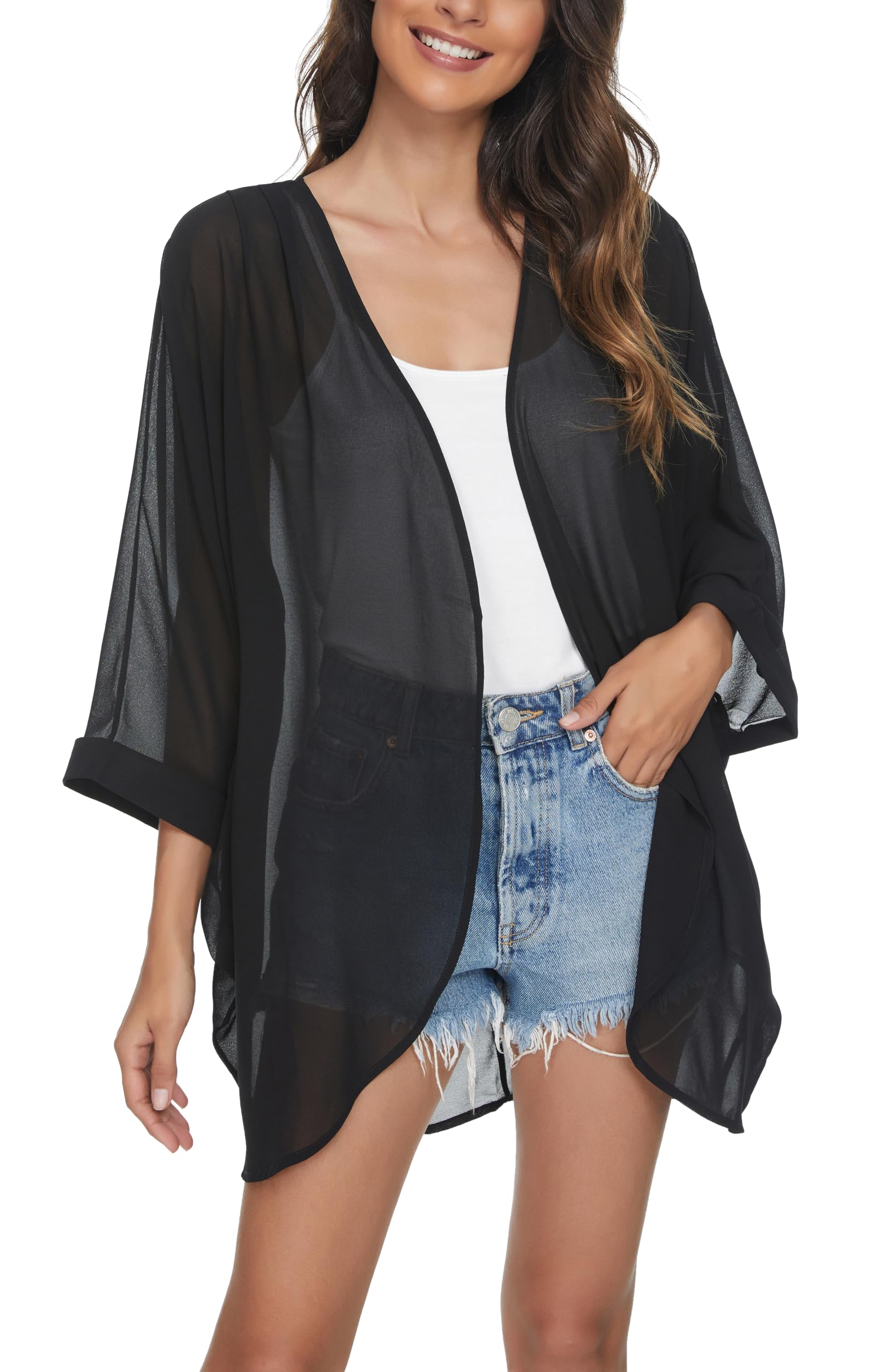 olrain Women's Floral Print Sheer Chiffon 3/4 Bat Sleeve Casual Loose Kimono Cardigan Capes