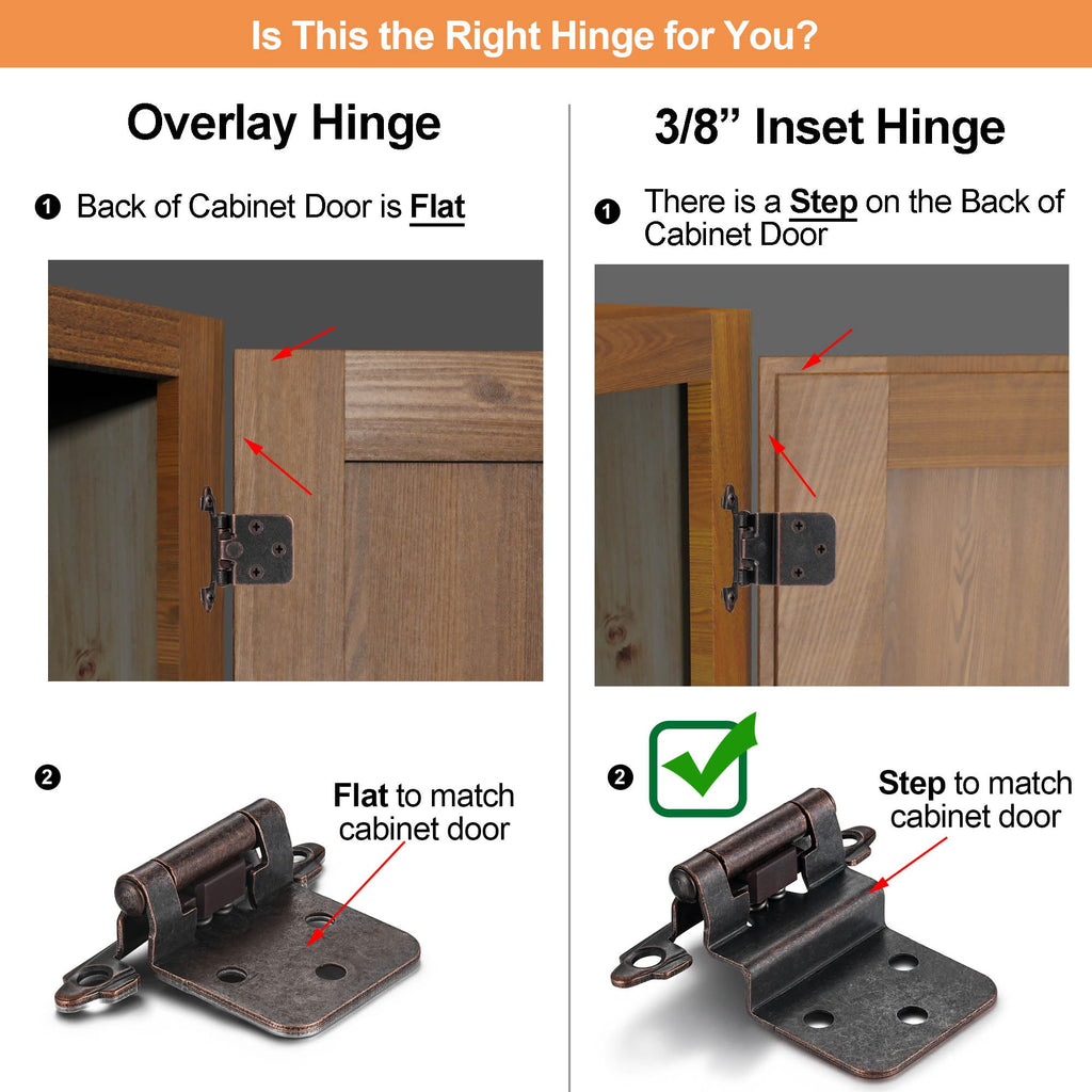 4 Pack (2 Pairs) Antique Brass Self Closing Cabinet Hinges for Kitchen Cabinet Door, 1/2" Overlay (Variable) Semi Concealed Kitchen Cabinet Hinges