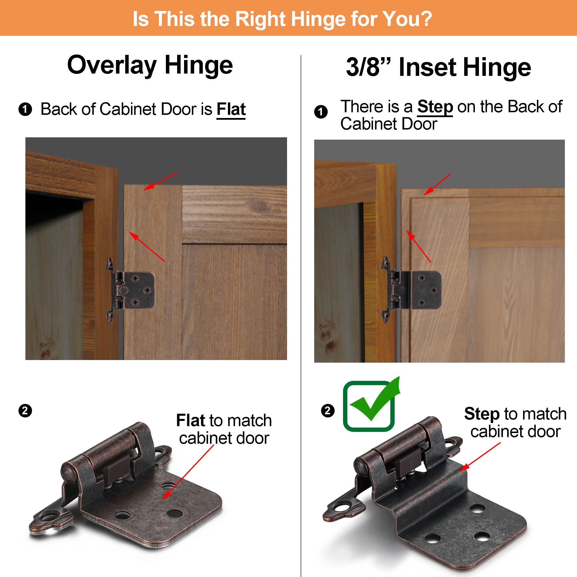 4 Pack (2 Pairs) Antique Brass Self Closing Cabinet Hinges for Kitchen Cabinet Door, 1/2" Overlay (Variable) Semi Concealed Kitchen Cabinet Hinges