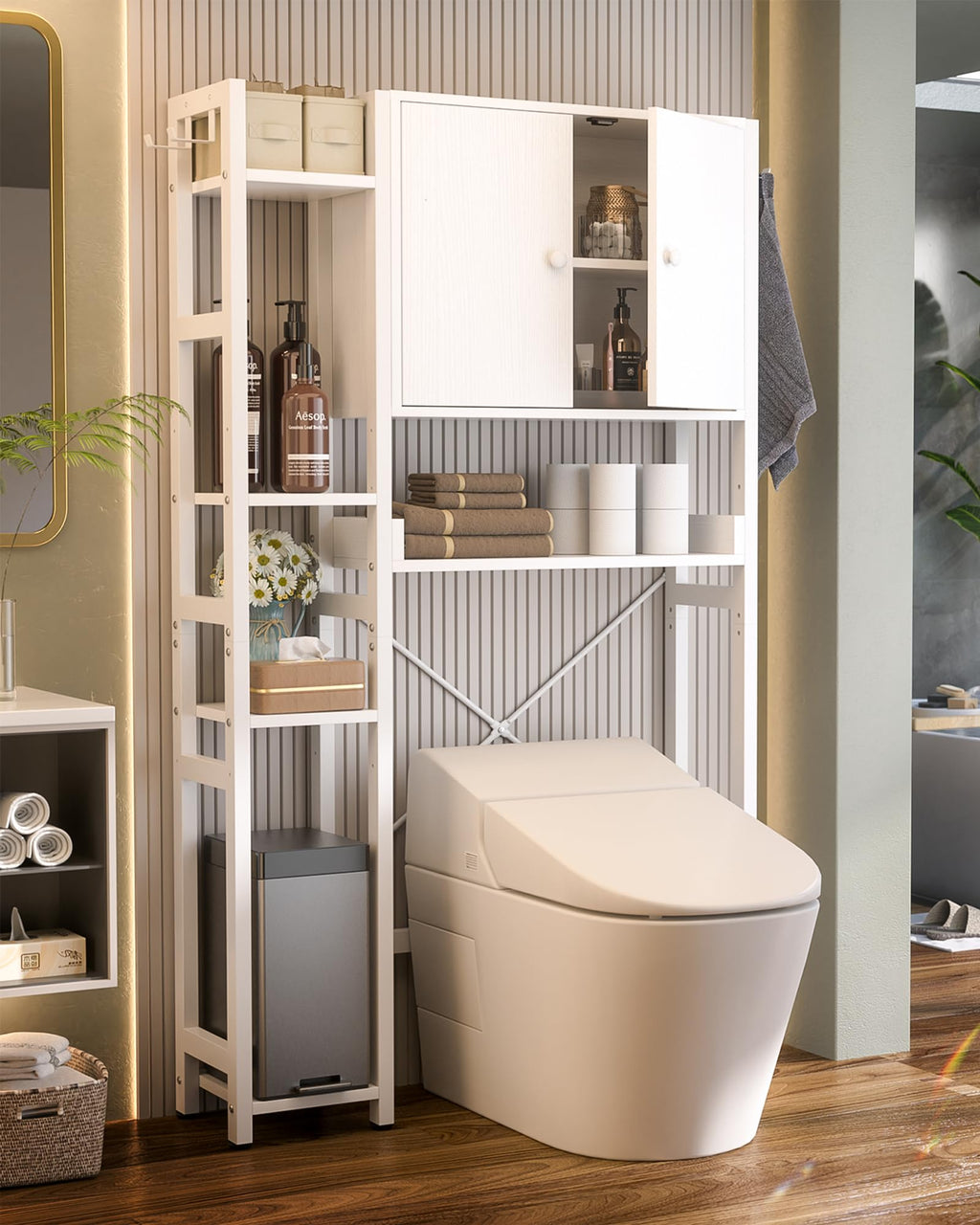 Over The Toilet Storage Cabinet with Doors - 7 Tier Bathroom Organizer with Adjustable Shelf, Freestanding Space Saver Rack Above Toilet Stand with 4 Hooks for Bathroom, Restroom, Laundry, Black