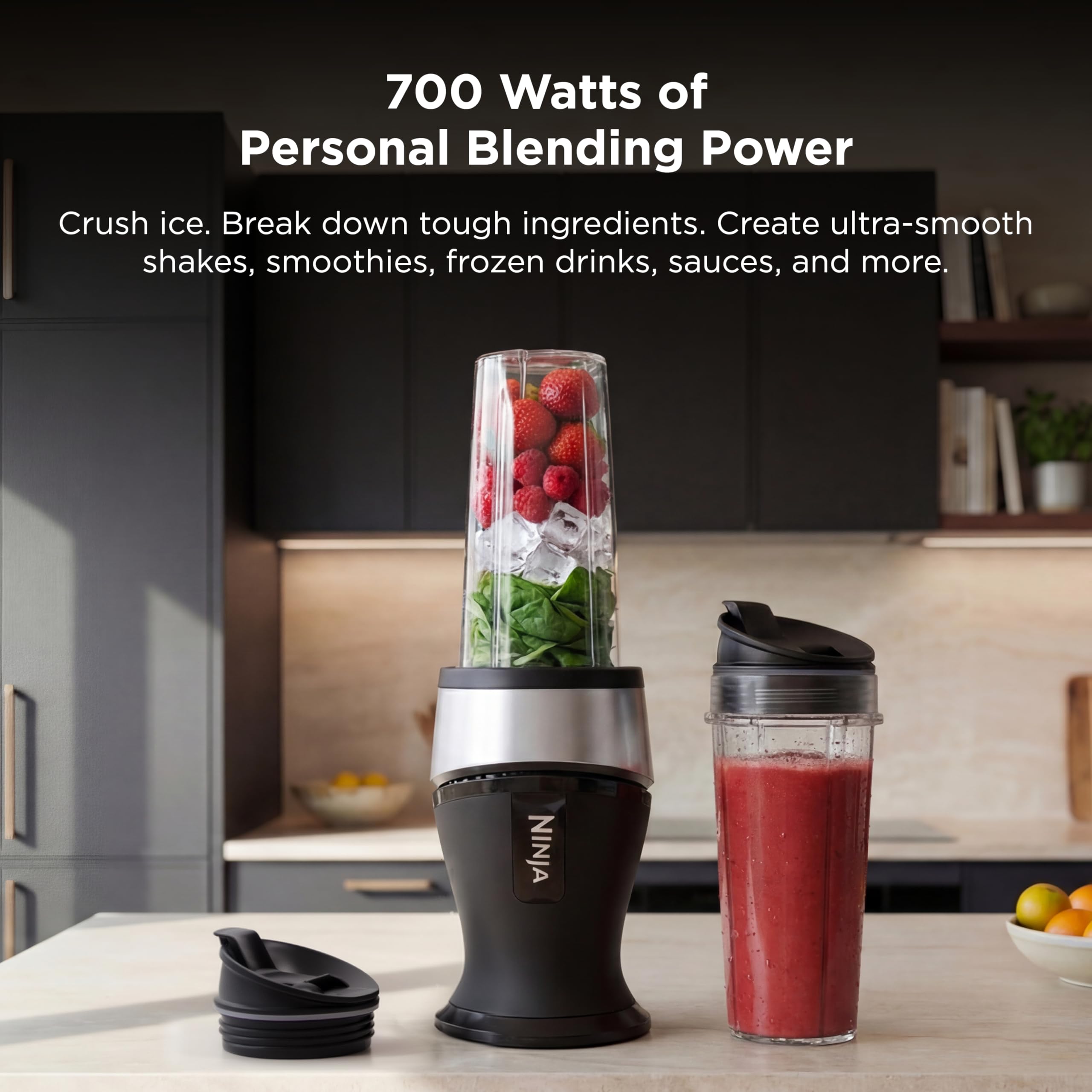 Ninja Nutri-Plus Personal Blender | Compact Push to Blend | Make Frozen Drinks, Smoothies, Sauces & More | With (3) 20 oz. To-Go Cups, (2) Spout-Lids & (1) Storage-Lid | 900 Peak Watt | Silver | BN301