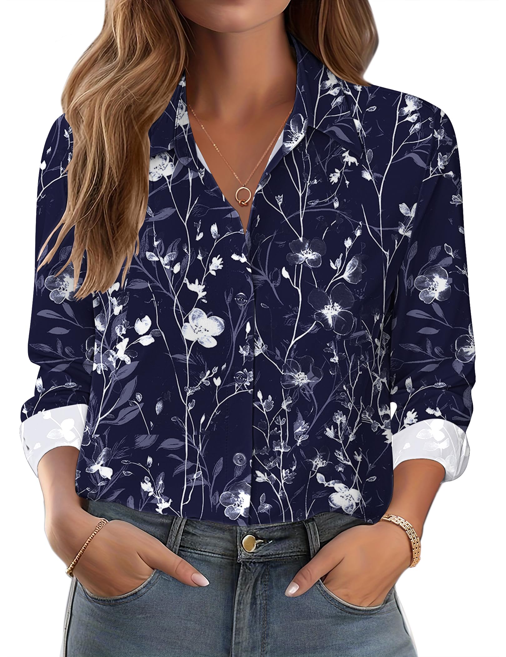 Zeagoo Button Down Shirts for Women Dressy Floral Printed Long Sleeve Blouse Business Casual Work Tops