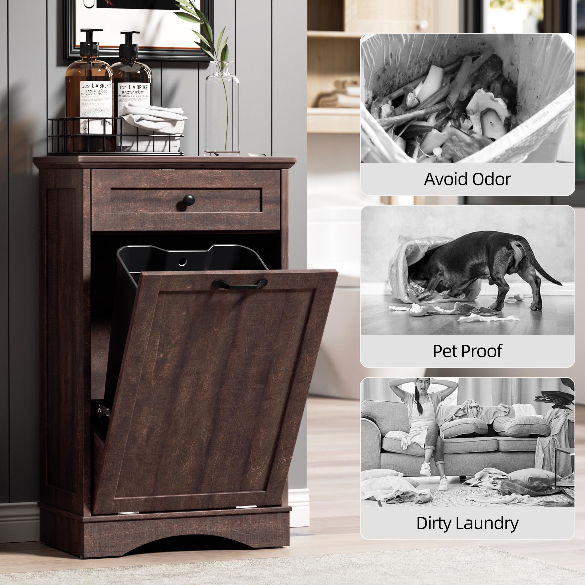 AHB Double Tilt Out Trash Can Cabinet Freestanding Kitchen Trash Can, 2x13 Gallons Hidden Garbage Recycling Cabinet with Hideaway Drawers Pet Proof Trash Can Holder for Kitchen, Antique White