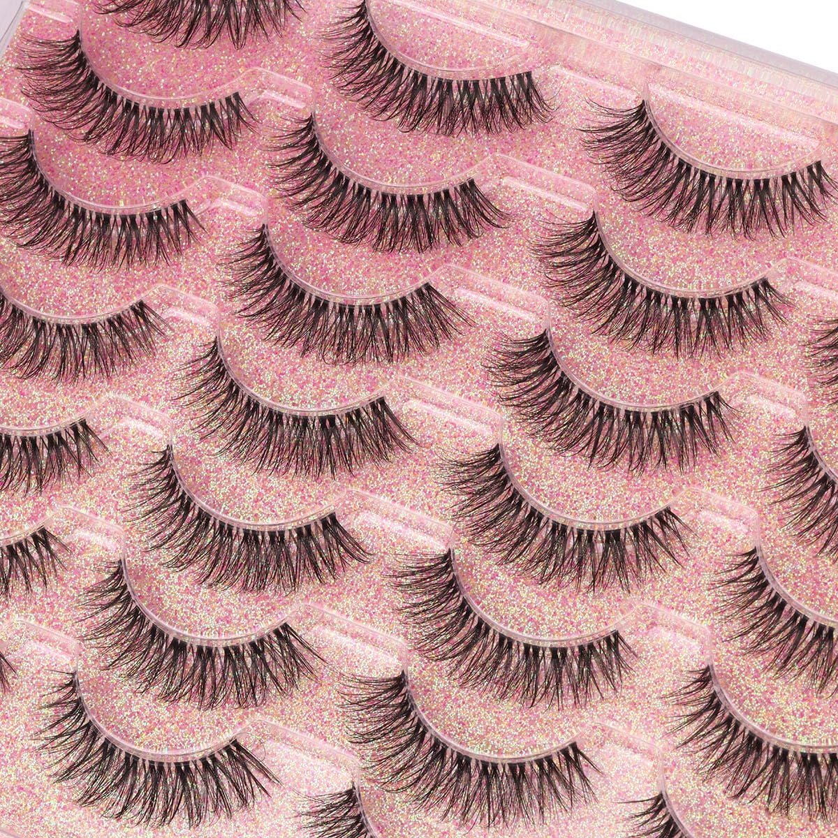 False Lashes Natural Look Wispy Eyelashes Manga Korean Spiky 16mm Short Faux Mink Eyelashes Cat Eye Natural Fake Eyelashes Strip Lashes Pack 14 Pairs