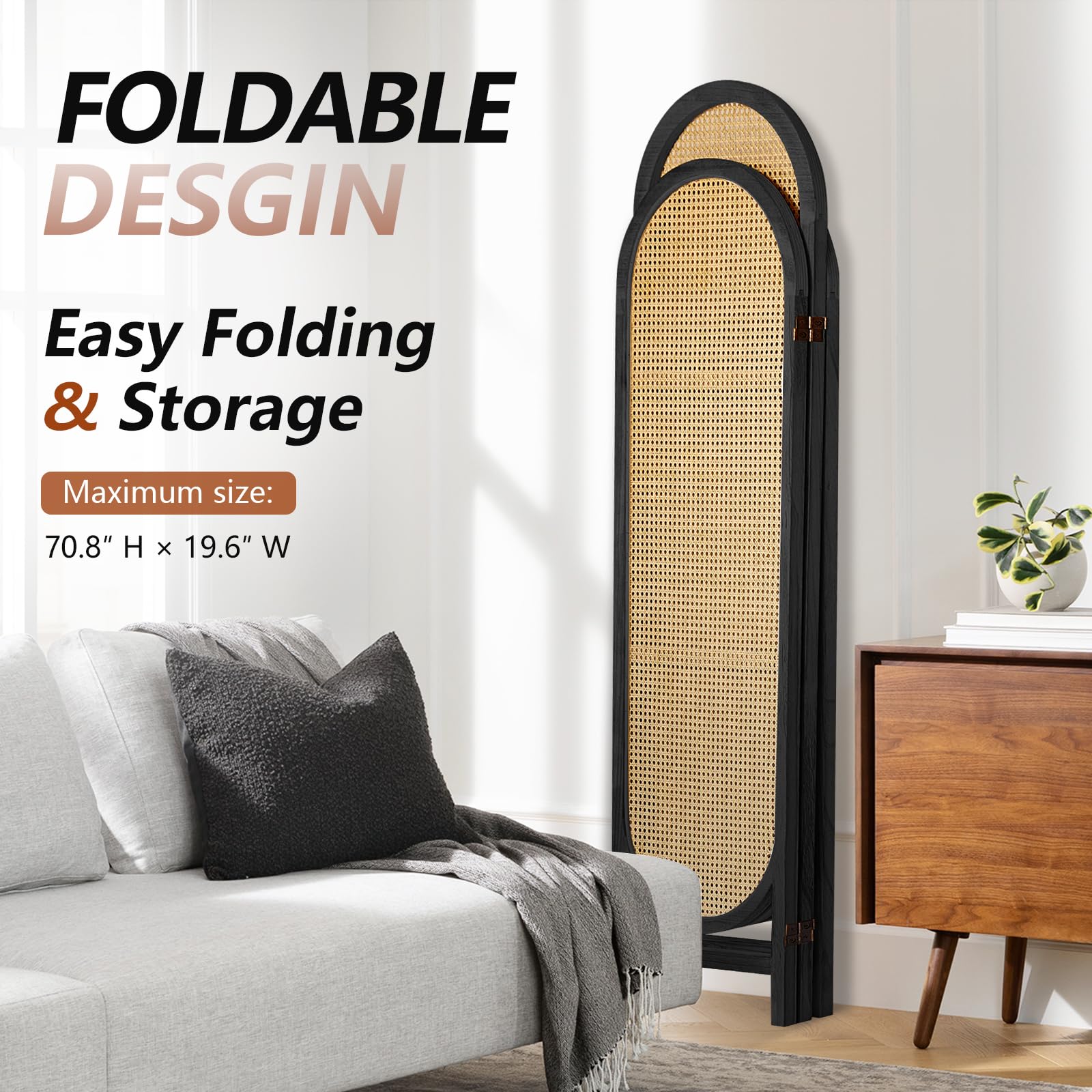 Hand-Woven Rattan Room Divider 3 Panels, 5.9 Ft Tall Wood Room Divider Panel, Partition Screen Divider Wall, Folding Privacy Screen, Wall Divider for Room Separation Home Office - Black