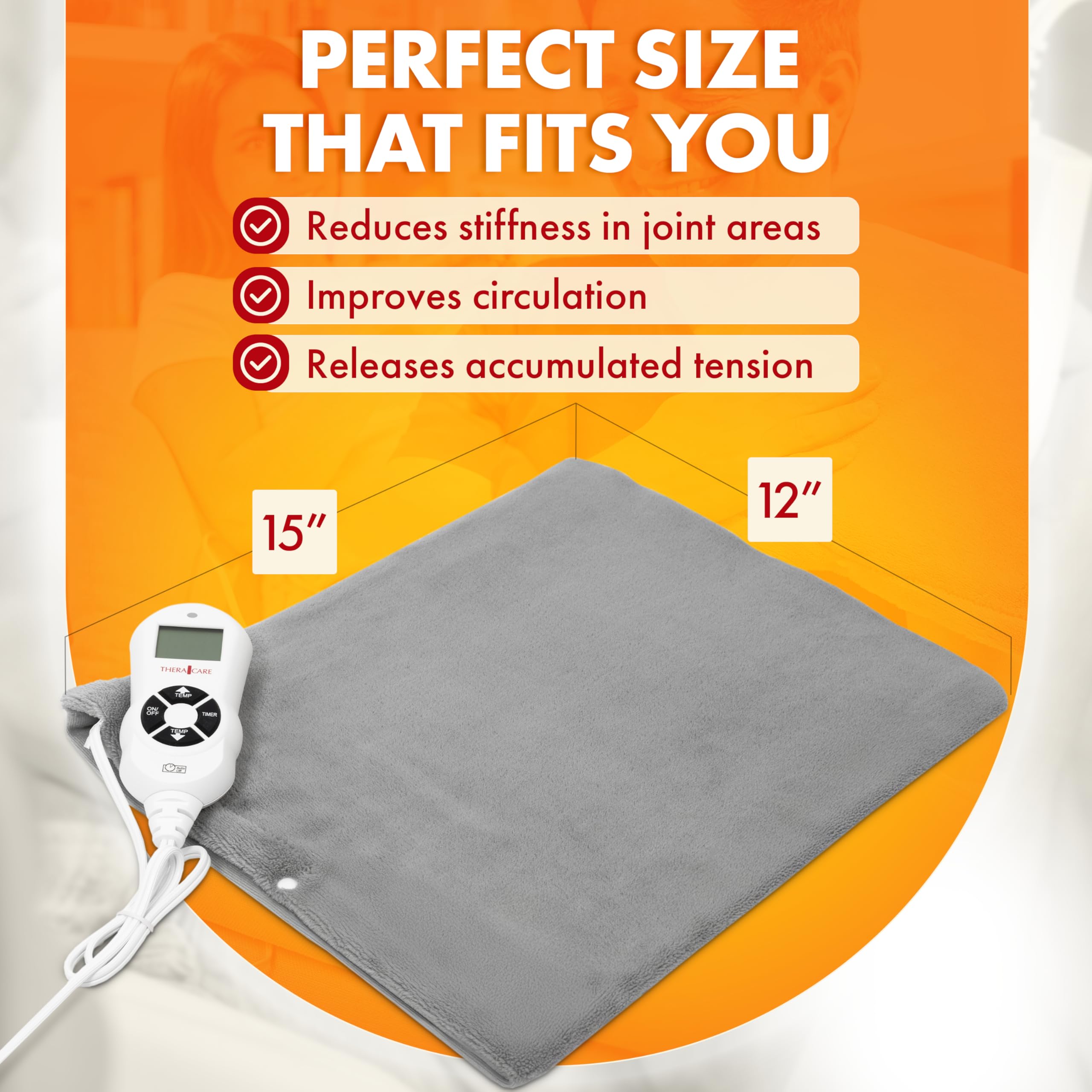 TheraCare Electric Heating Pad | Dry Heat Therapy | 4 Adjustable Heat Settings | 12" x 15" | Comfortable, Soft & Durable
