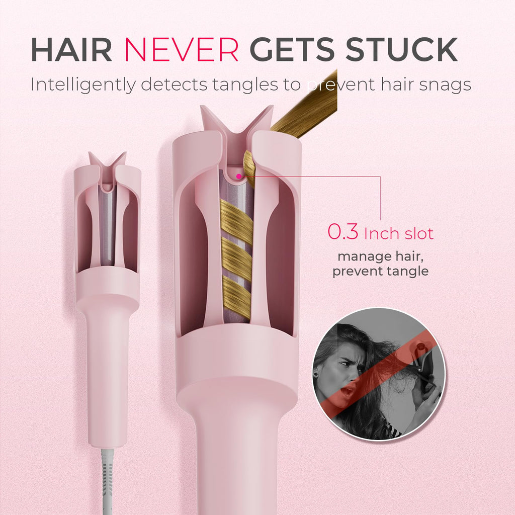 TYMO Automatic Rotating Curling Iron - TYMO CURLPRO Beach Waves Curling Wand, Portable Hair Curler, 500 Million Ionic, Dual Voltage & Lightweight for Travel, Ceramic Coating, 1 Inch, Pink