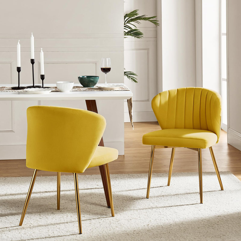 HULALA HOME Velvet Dining Chairs, Modern Small Armless Accent Chair with Gold Metal Legs, Living Room Upholstered Cute Side Chair, Elegant Tufted Back Vanity Chair for Bedroom, Auburn