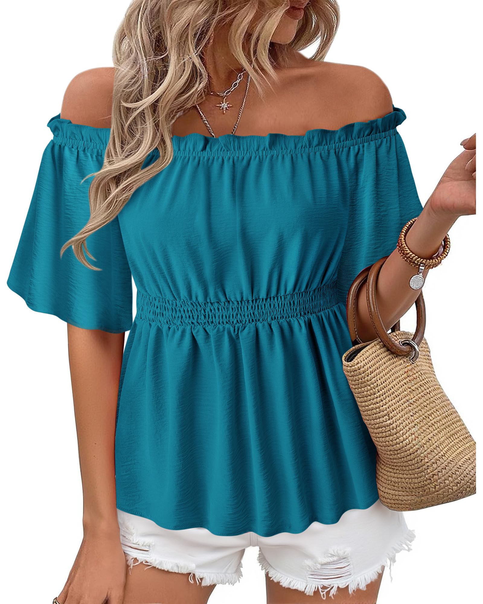 Bebonnie Women's Summer Sexy Off The Shoulder Peplum Tops Ruffle Sleeve Dressy Blouses