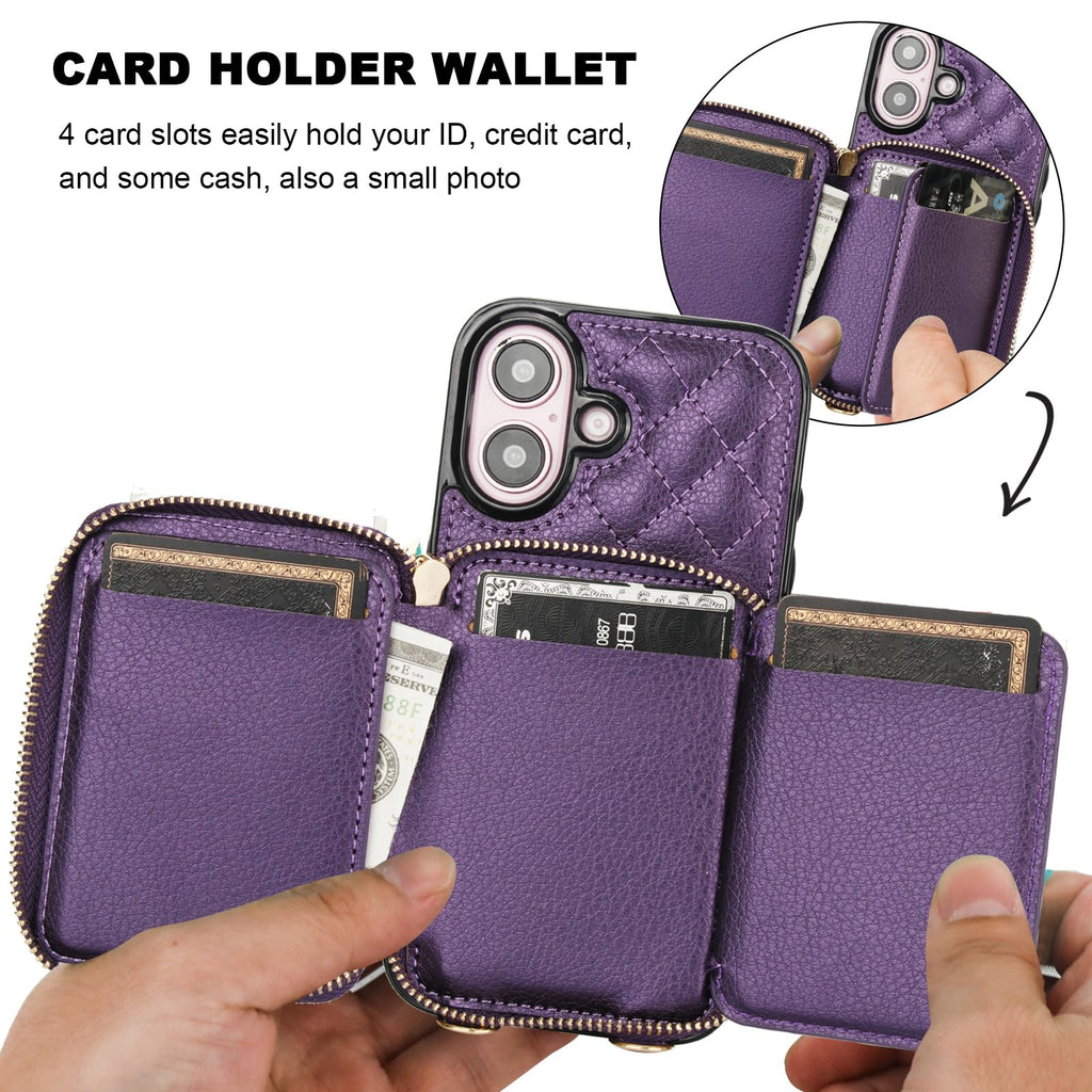 Bocasal Crossbody Wallet Case for iPhone 16, RFID Blocking PU Leather Zipper Handbag Purse Flip Cover, Kickstand Folio Case with Card Slots Holder Wrist Strap Lanyard 5G 6.1 Inch (Black)