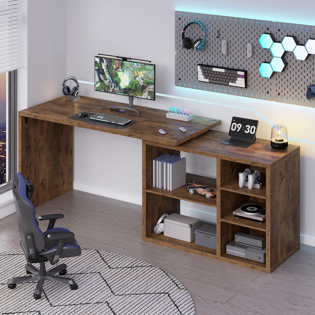 HSH Black L Shaped Computer Desk, Corner Desk with Storage Cabinet Shelves, Reversible Industrial Wood Executive Workstation, L-Shaped Home Office Table for Work Study Writing Gaming, 55 Inch