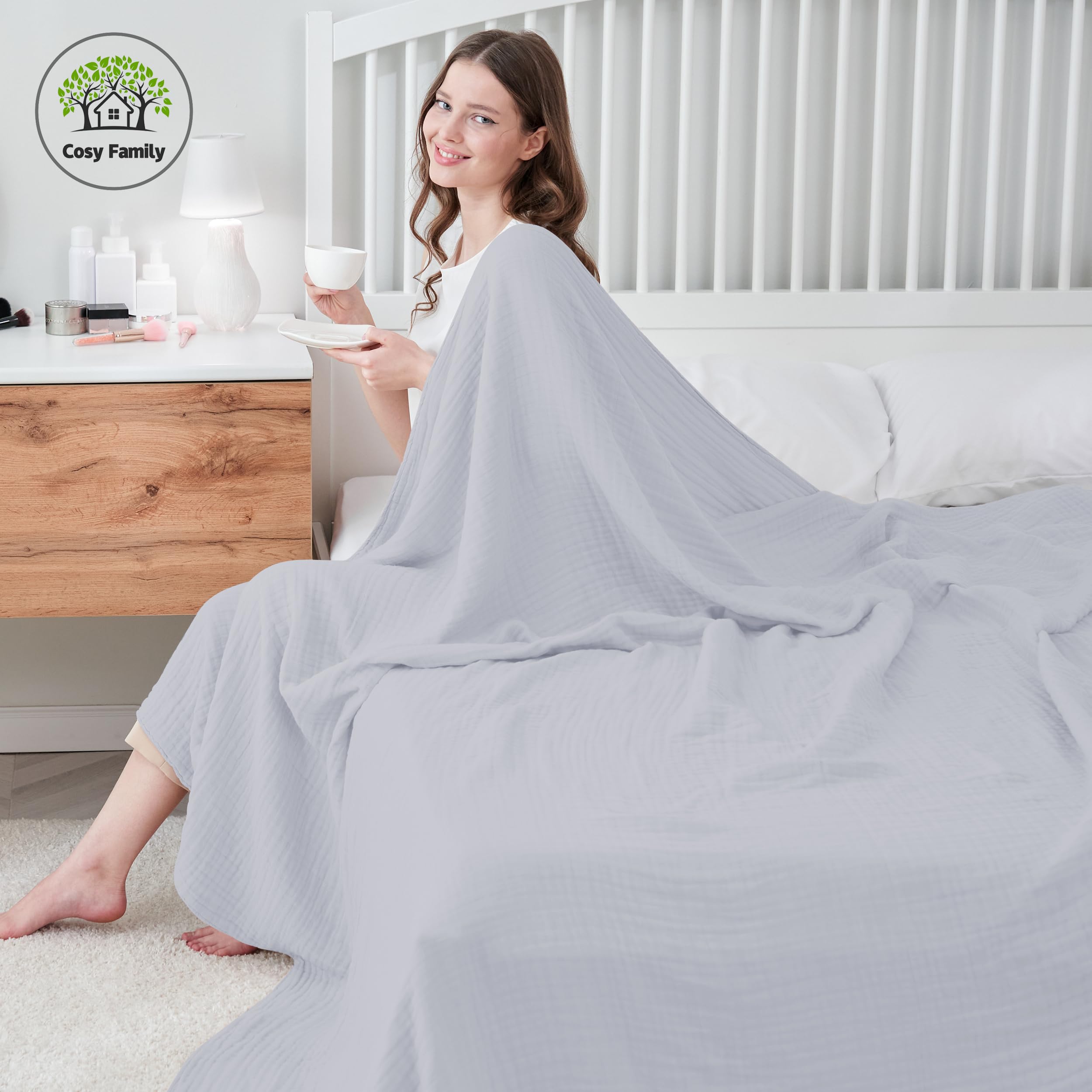 Cosy Family 4 Layer Muslin Bed Blanket - Breathable and Lightweight Gauze Boho Blanket for Spring, Soft 100% Cotton Muslin Blanket, Brown, 55x80 Inches