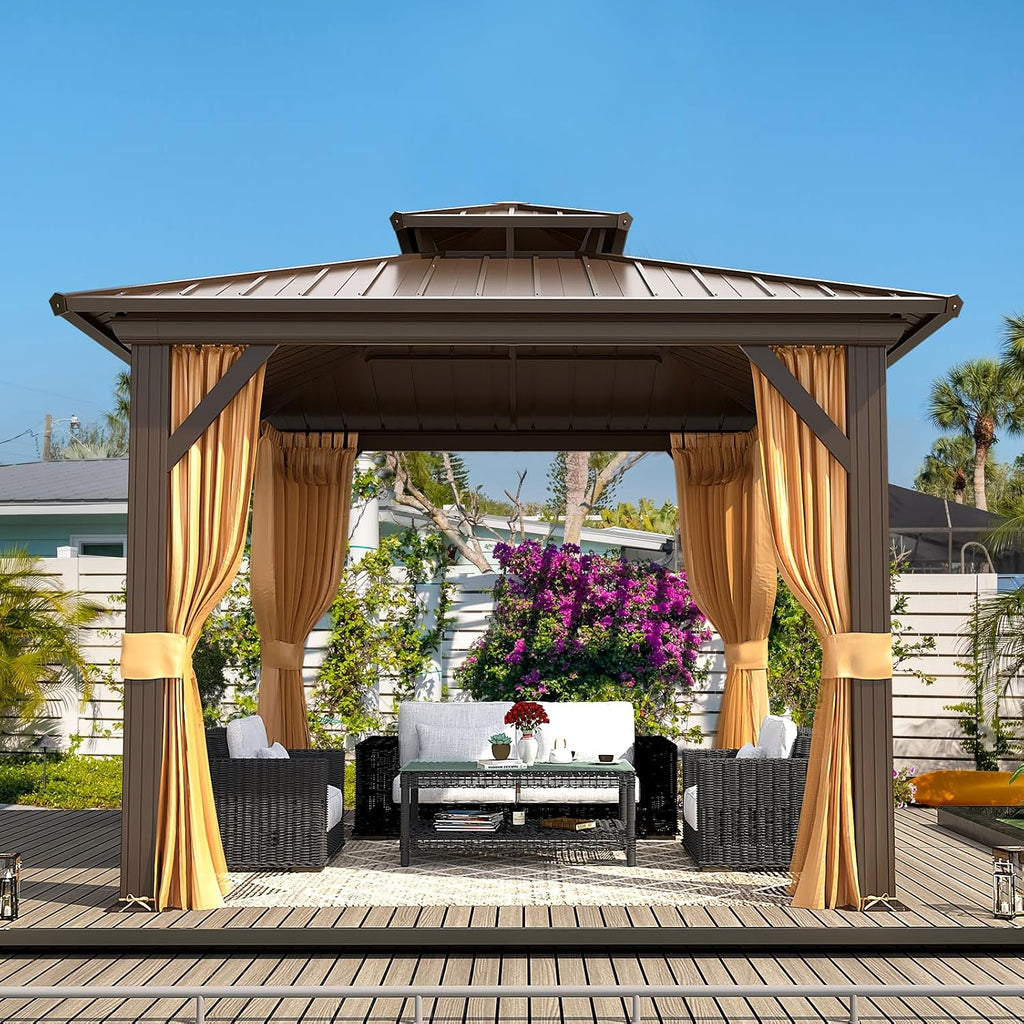 MELLCOM 10'x10' Hardtop Gazebo, Metal Double Roof Aluminum Gazebos with Curtain and Netting,Brown Permanent Galvanized Steel Pavilion for Patio, Lawn & Deck