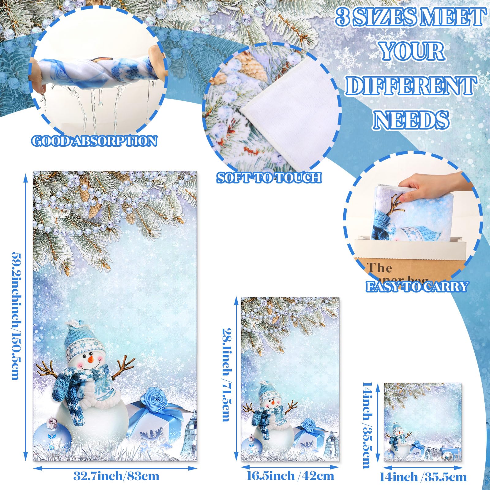 Preboun 3 Pack Christmas Gnome Bathroom Towels Set - Christmas Tree Hand Towels, Winter Snowflake Bath Towels, Soft Absorbent Dish Towels for Bathroom, Kitchen, Home, Hotel, Beach, Gym, Spa