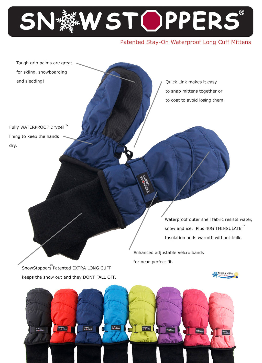 SnowStoppers Kids Waterproof Long Cuff Winter Mittens