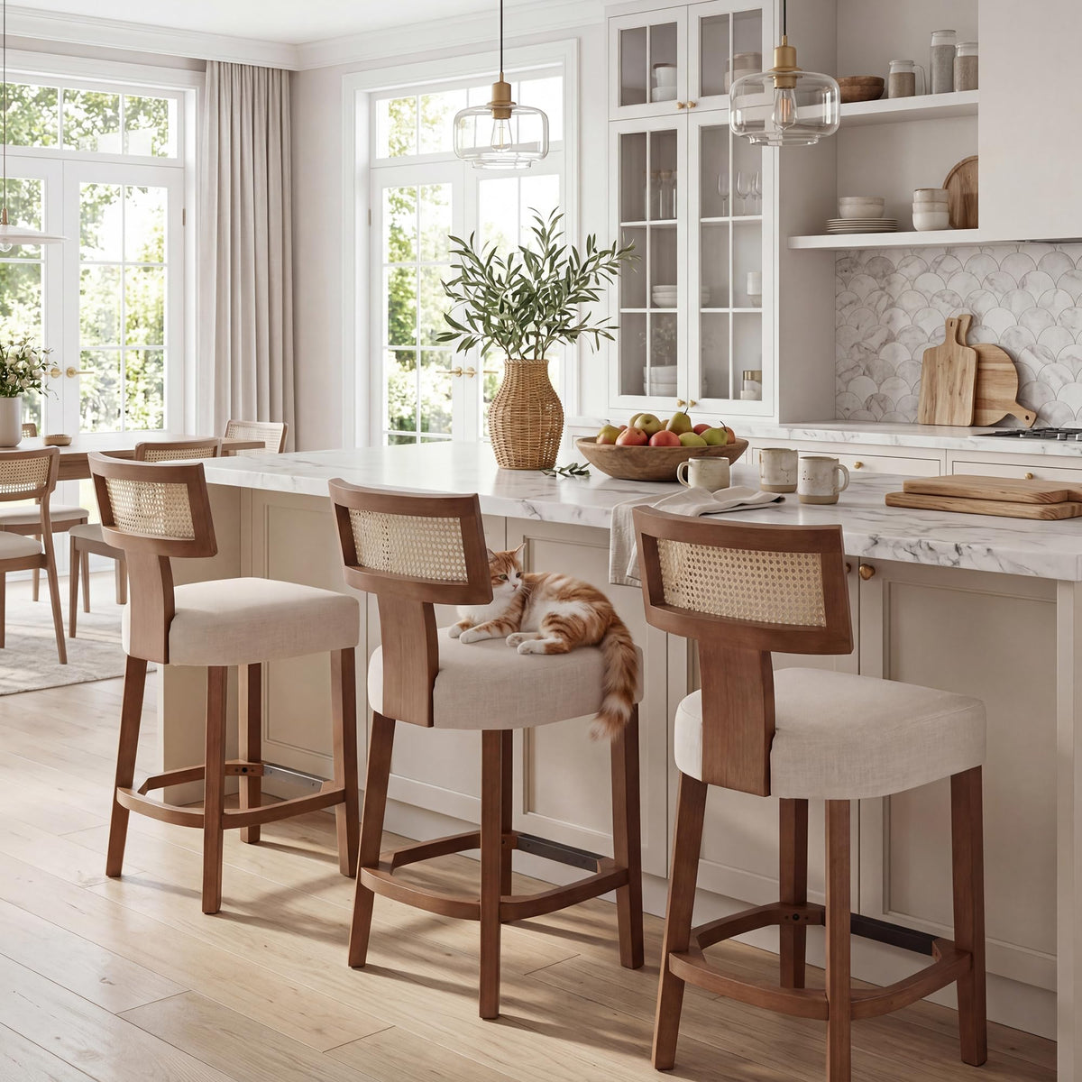 Farmhouse 30'' Extra Tall Bar Stools Set of 2 Modern Counter Height Barstools with Backs Rustic Wood Bar Stools Linen Upholstered Counter Chairs Kitchen Island Stool Chairs with Wood Frame, Beige