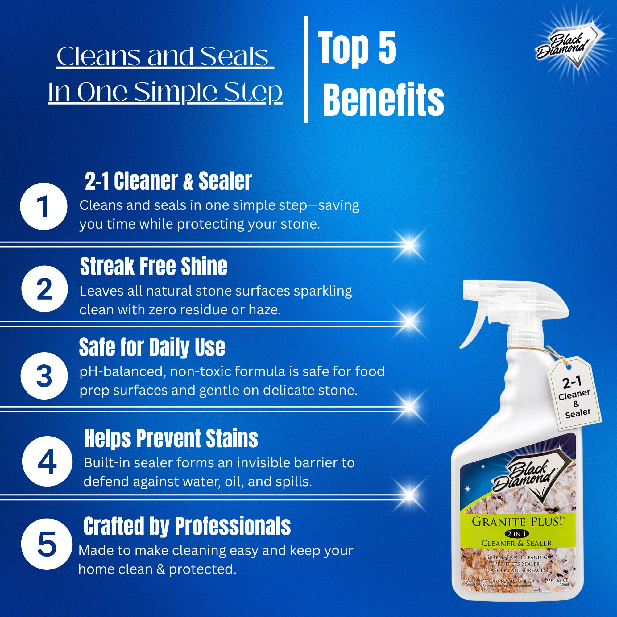 Black Diamond Stoneworks Granite Plus 2-in-1 Cleaner & Sealer, pH Neutral, Streak-Free Stone Cleaner for Granite, Marble, Quartz, Travertine & Limestone Countertops, Ready to Use, 32 Fl Oz
