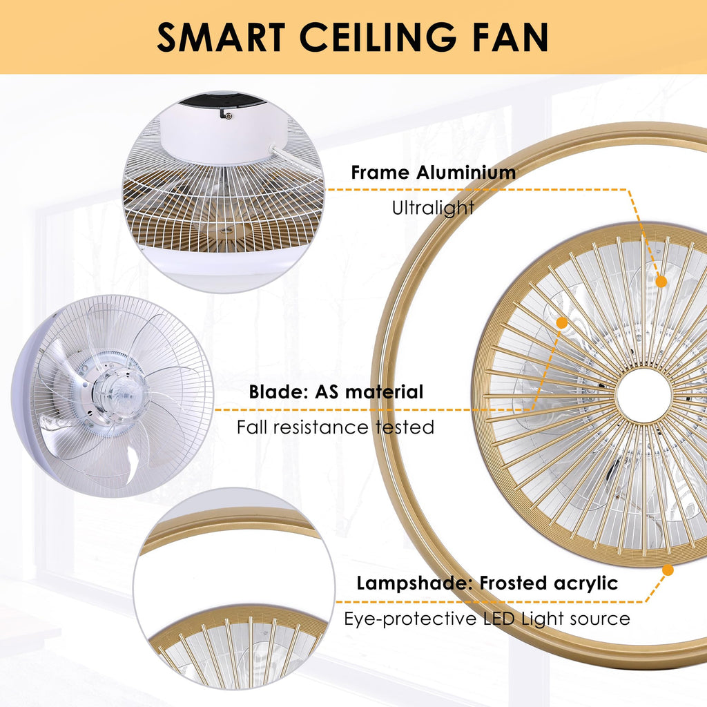 24" Bladeless Ceiling Fan with Light Remote, Smart LED Ceiling Fans with App Control, Modern Low Profile Dimmable Light Ceiling Fan for Bedroom Living Room Gold
