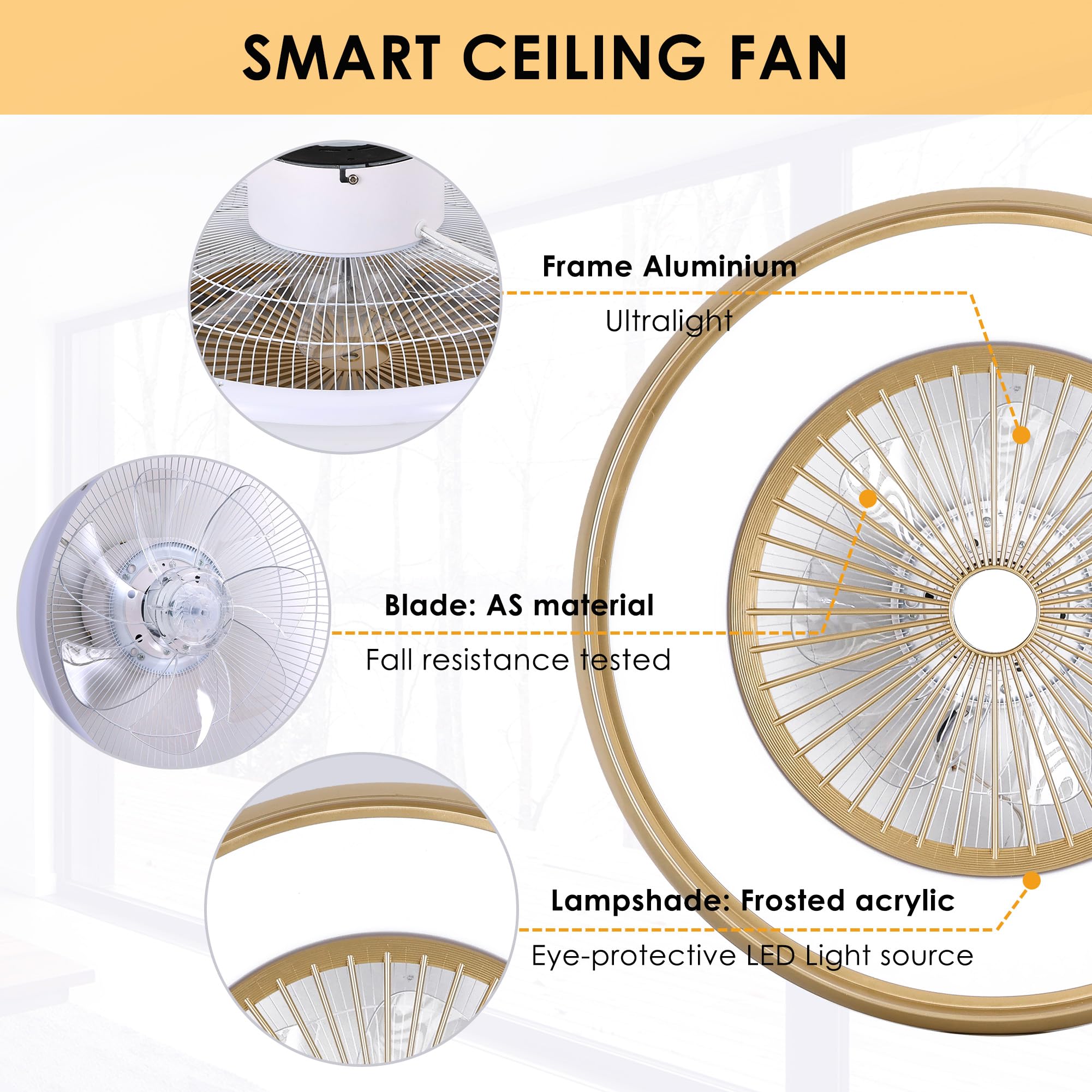 24" Bladeless Ceiling Fan with Light Remote, Smart LED Ceiling Fans with App Control, Modern Low Profile Dimmable Light Ceiling Fan for Bedroom Living Room Gold