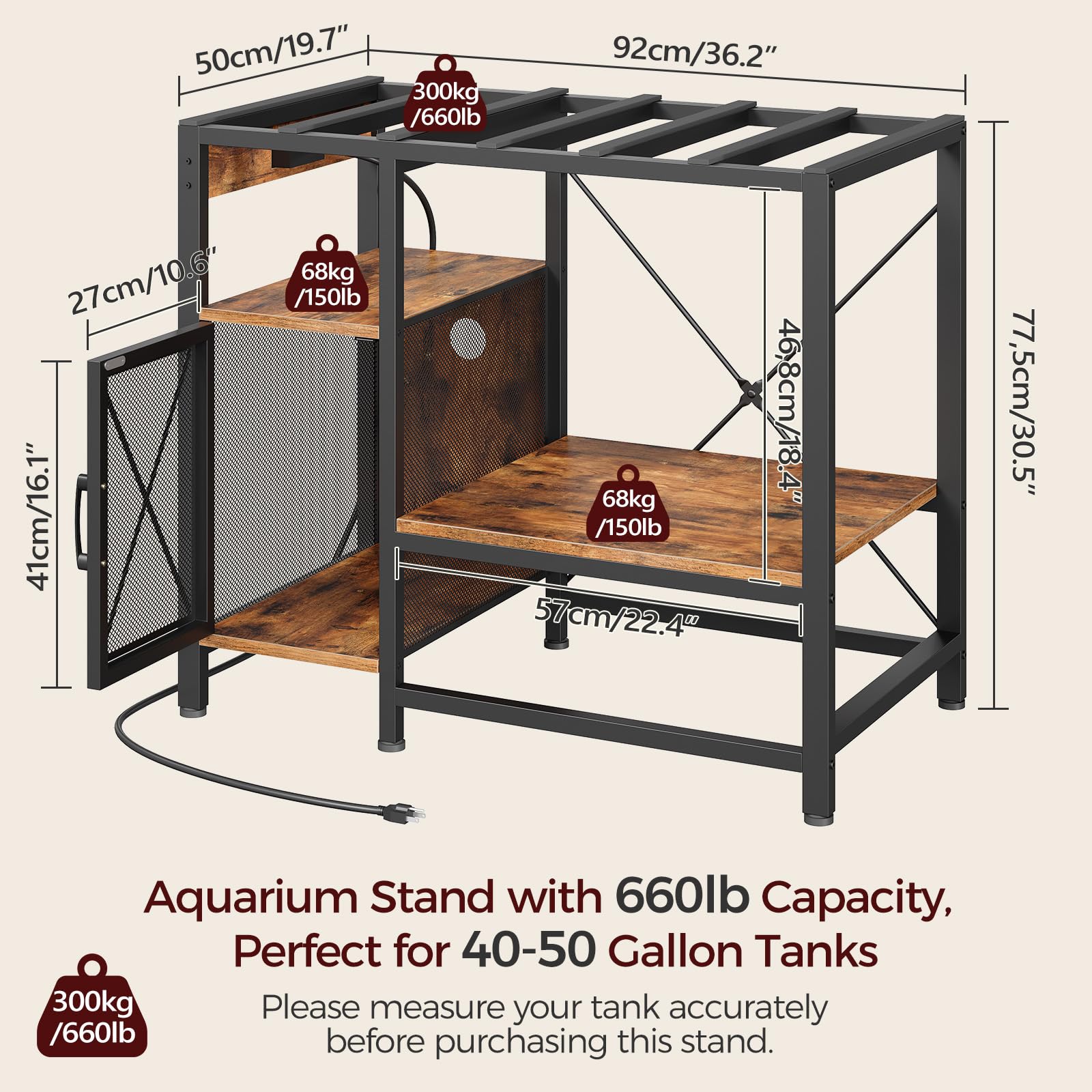 MAHANCRIS 20-37 Gallon Fish Tank Stand, Aquarium Stand with Power Outlet and Storage Cabinet, Heavy Duty Tank Stand Suitable for Turtle Tank, Reptile Terrarium, for Home Office, Black FTHB40E01