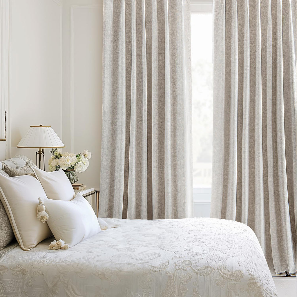 MIULEE Linen Pinch Pleated 100% Blackout Curtains for Bedroom 84 Inch Long 2 Panels Set- Back Tab Track Beige Thermal Insulated Cream Black Out Triple Pleat Room Darkening Drapes with Hooks, Greige