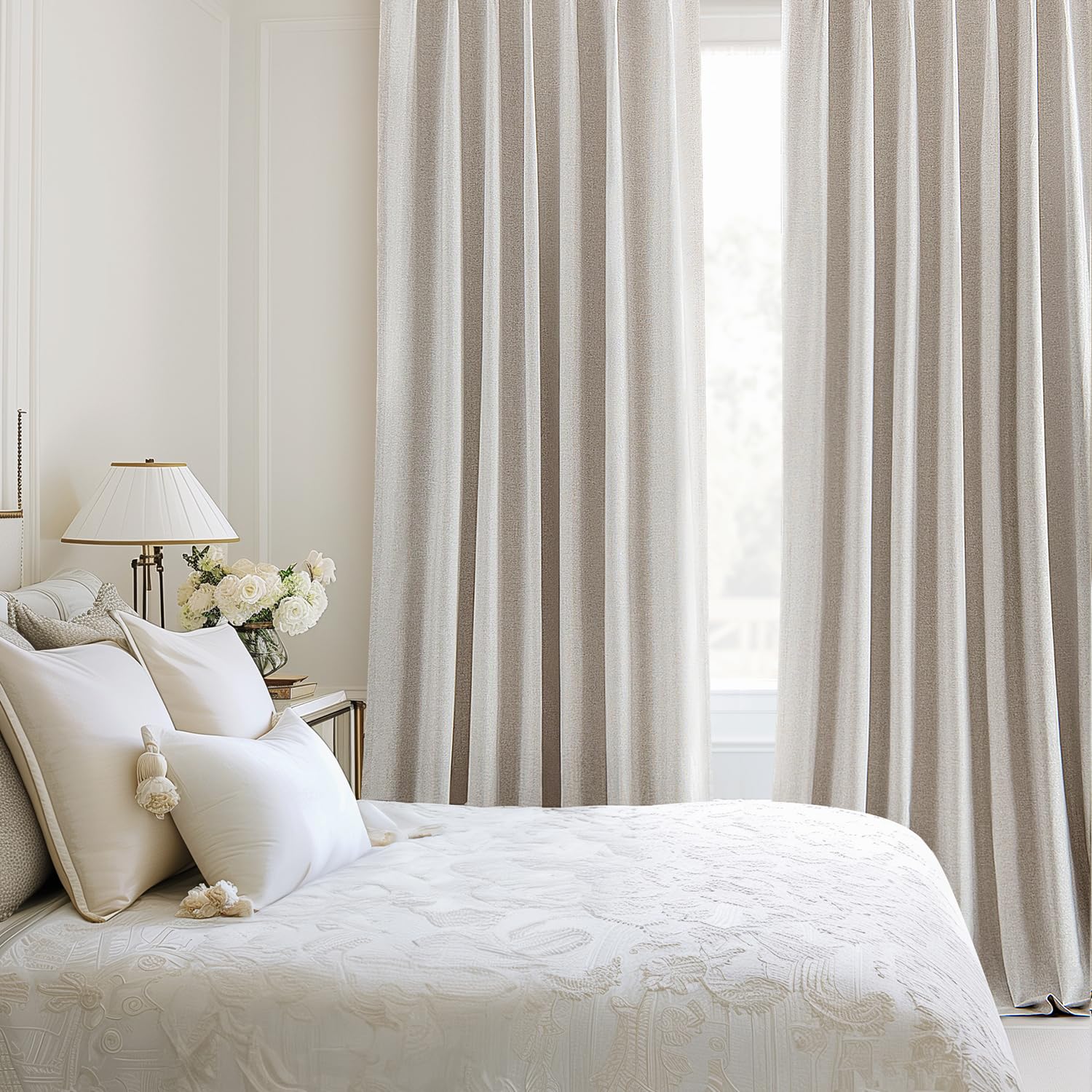 MIULEE Linen Pinch Pleated 100% Blackout Curtains for Bedroom 84 Inch Long 2 Panels Set- Back Tab Track Beige Thermal Insulated Cream Black Out Triple Pleat Room Darkening Drapes with Hooks, Greige