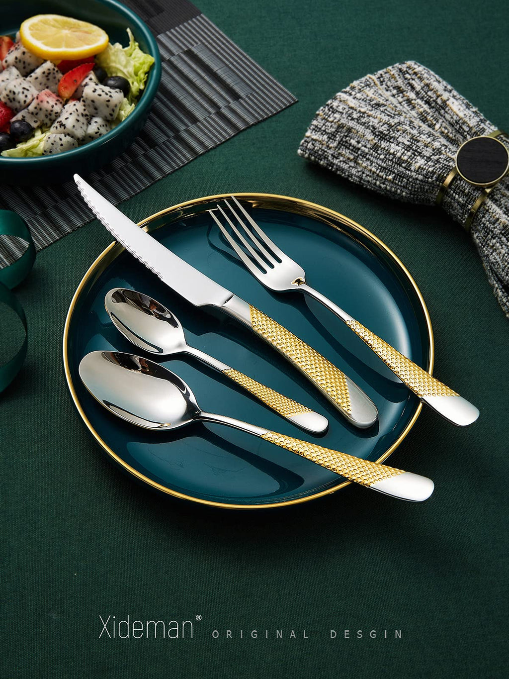 16-Piece Modern Black Hammered Silverware Set with Ultra Sharp 2-IN-1 Serrated Knives, 18/10 Stainless Steel Flatware Set, Titanium Plated Cutlery Set Service for 4, Dishwasher Safe